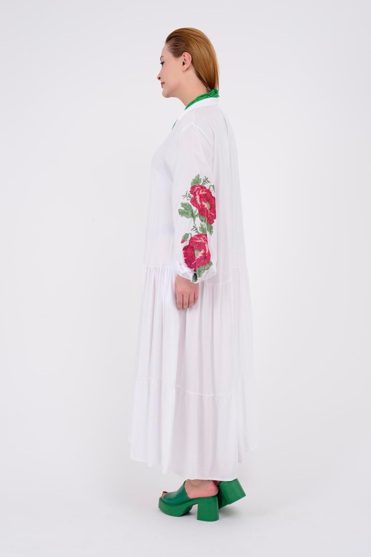AN10517 ROSE KANAVİÇE İŞLEMELİ GÖMLEK ELBİSE