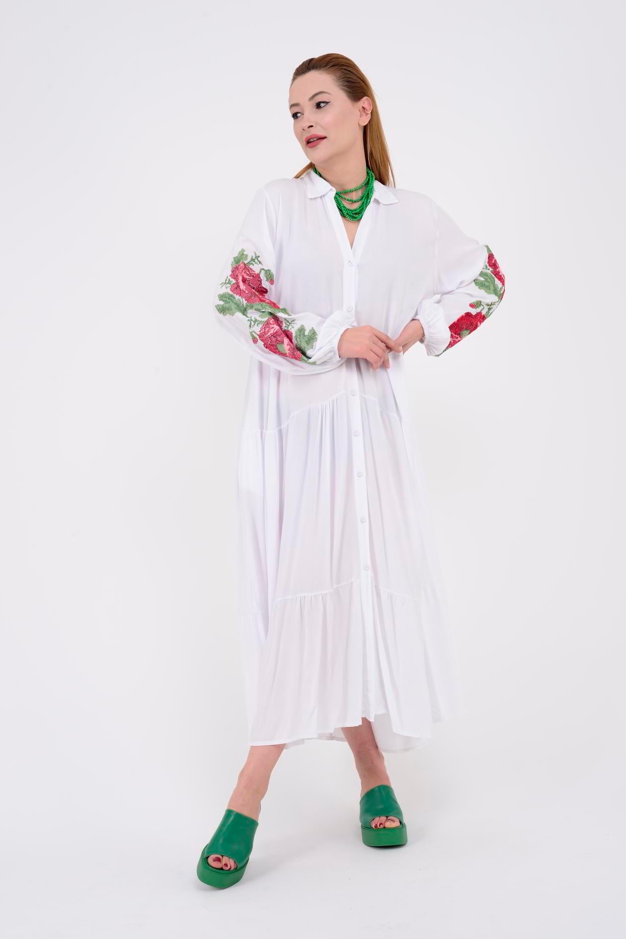 AN10517 ROSE KANAVİÇE İŞLEMELİ GÖMLEK ELBİSE