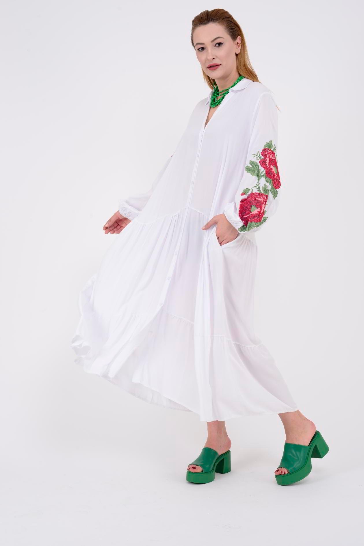 AN10517 ROSE KANAVİÇE İŞLEMELİ GÖMLEK ELBİSE