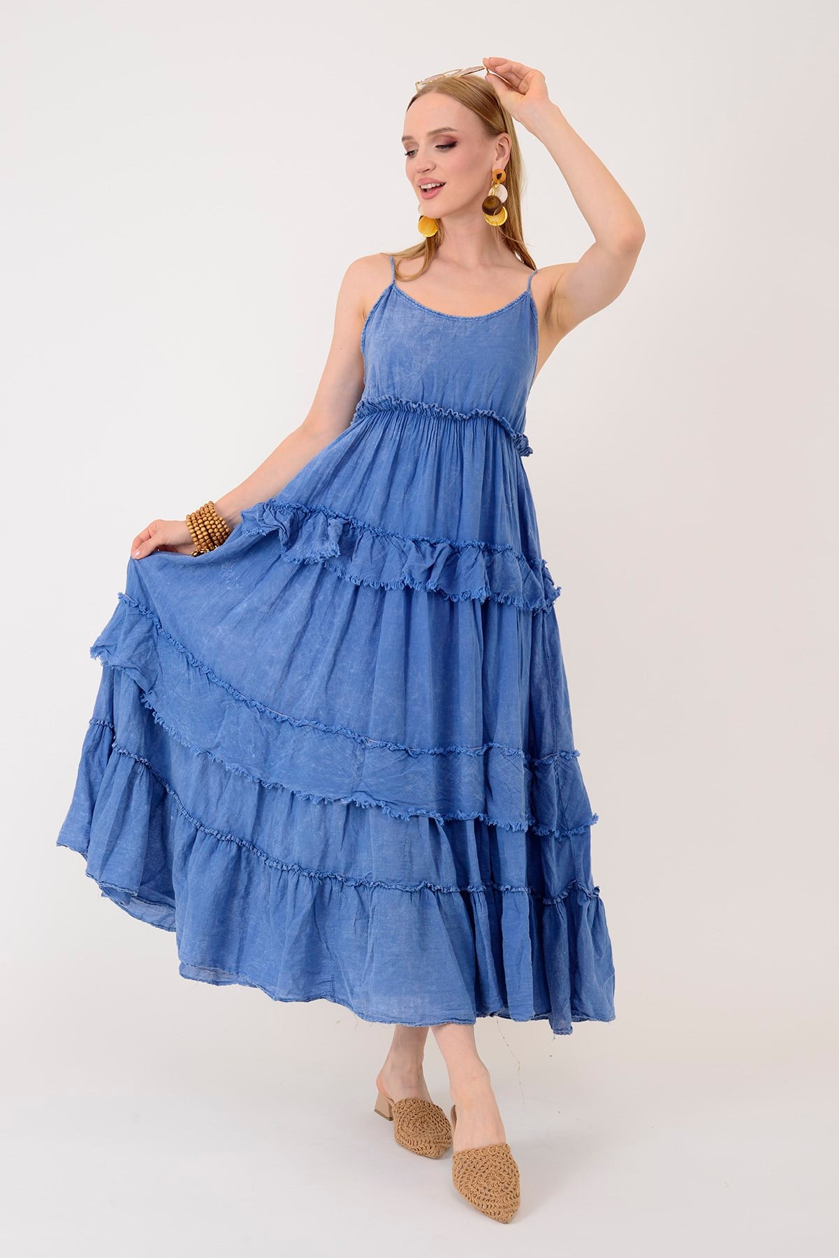 AN10590 FIRFIR DETAY VOLANLI ASKILI HAM BOHEM ELBİSE