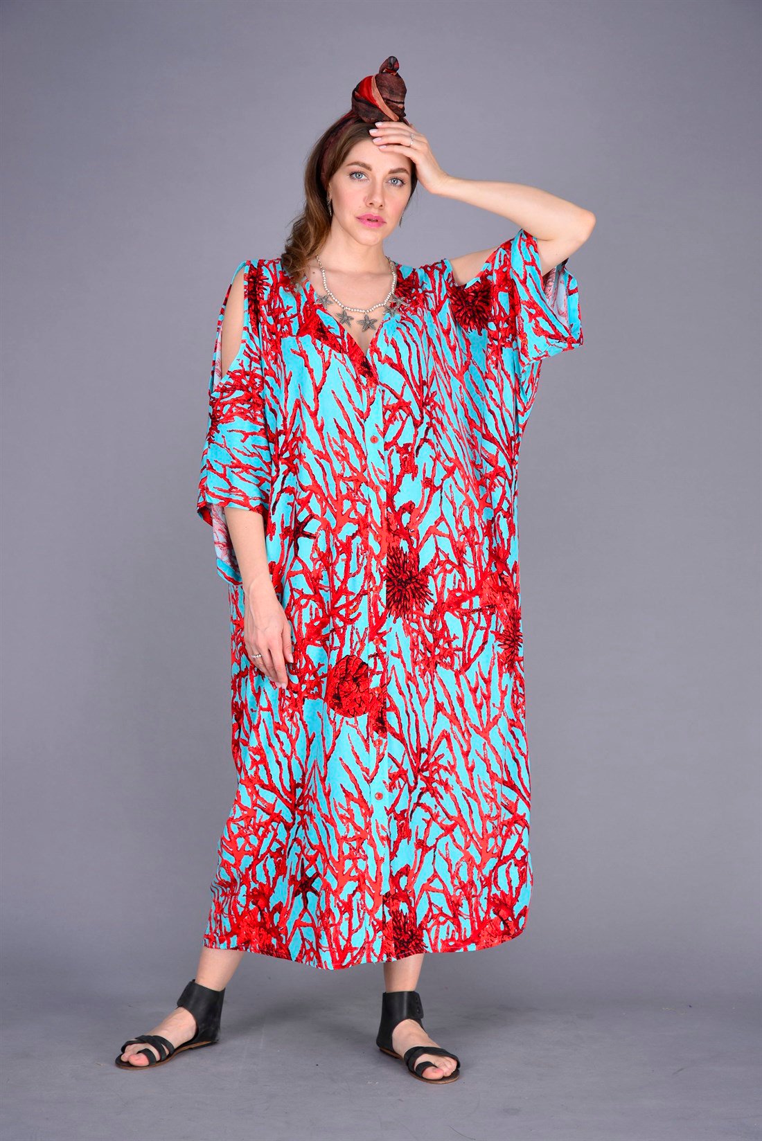 AN109  OMUZU AÇIK MERCAN DESEN BOHO ELBİSE