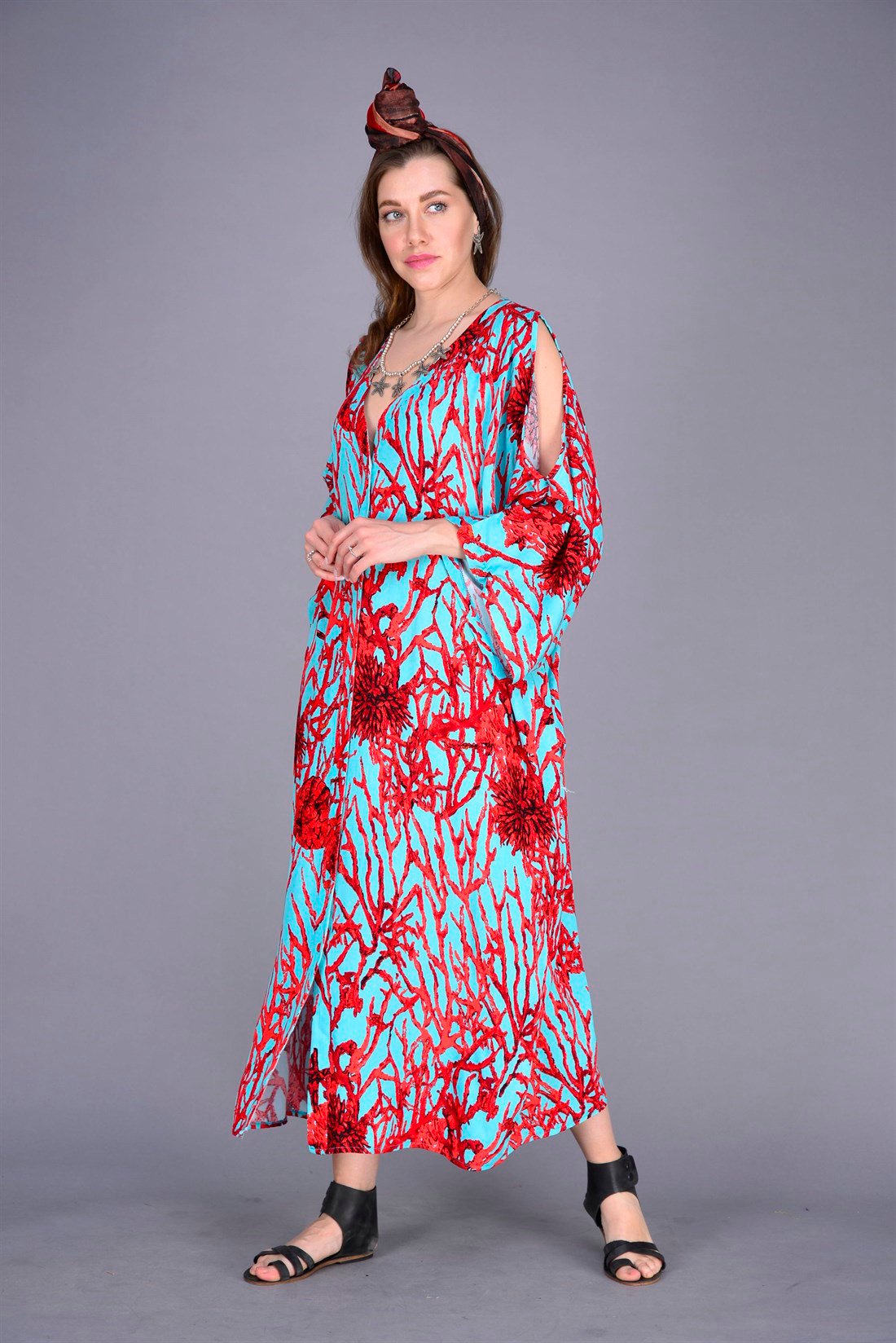 AN109  OMUZU AÇIK MERCAN DESEN BOHO ELBİSE