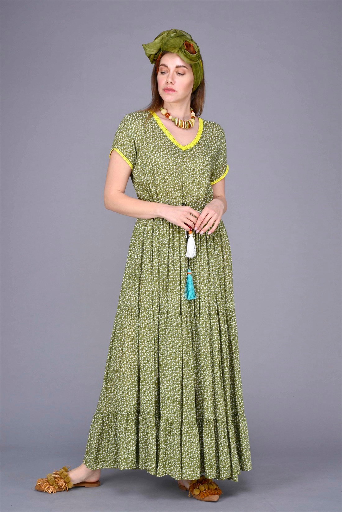 AN152-1 VOLANLI ÇITIR DESEN BOHO ELBİSE