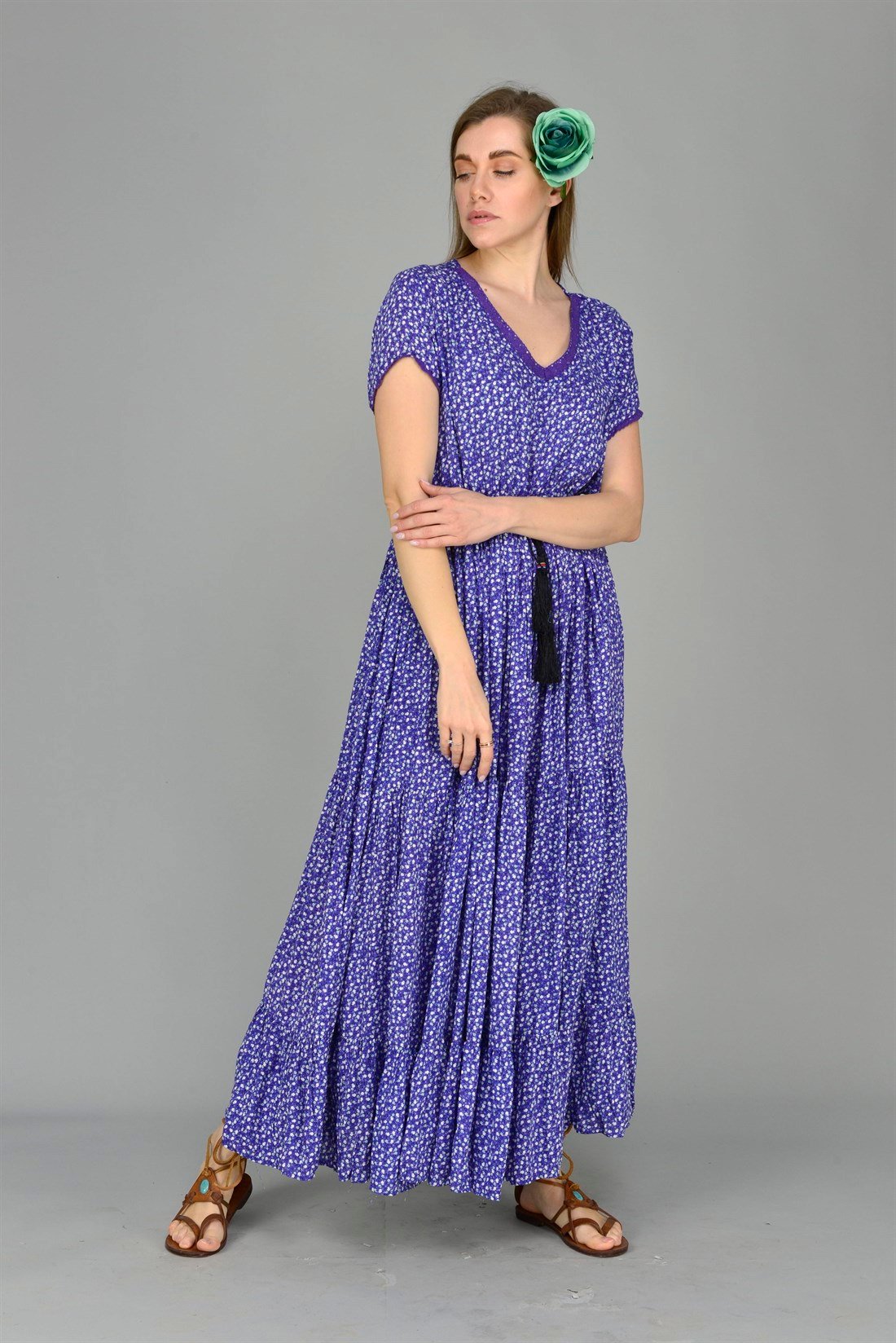 AN152-1 VOLANLI ÇITIR DESEN BOHO ELBİSE