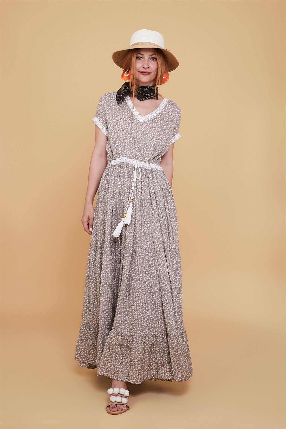 AN152-1 VOLANLI ÇITIR DESEN BOHO ELBİSE