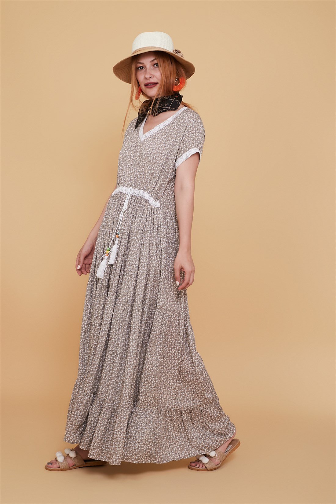 AN152-1 VOLANLI ÇITIR DESEN BOHO ELBİSE