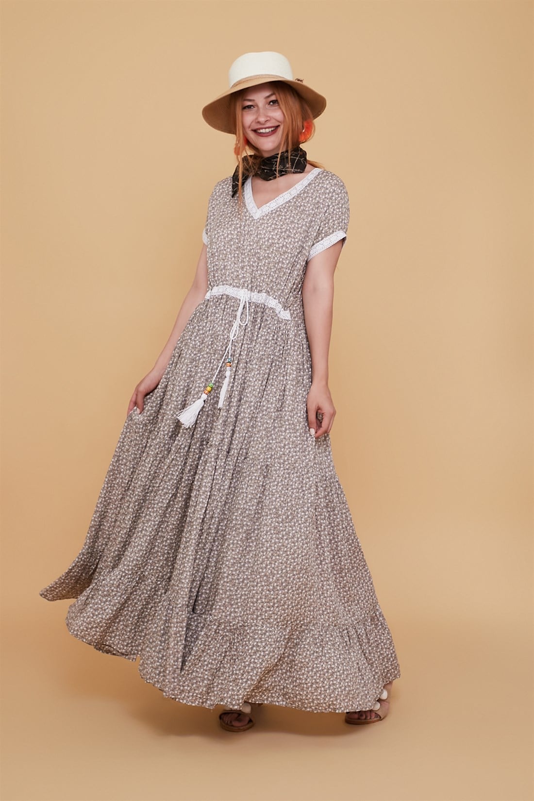 AN152-1 VOLANLI ÇITIR DESEN BOHO ELBİSE