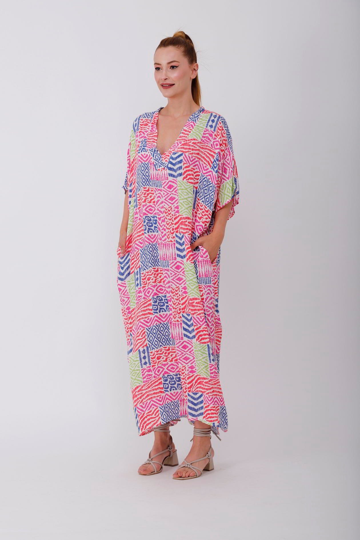 AN19005 PATCHWORK CRAFT V YAKA ELBİSE