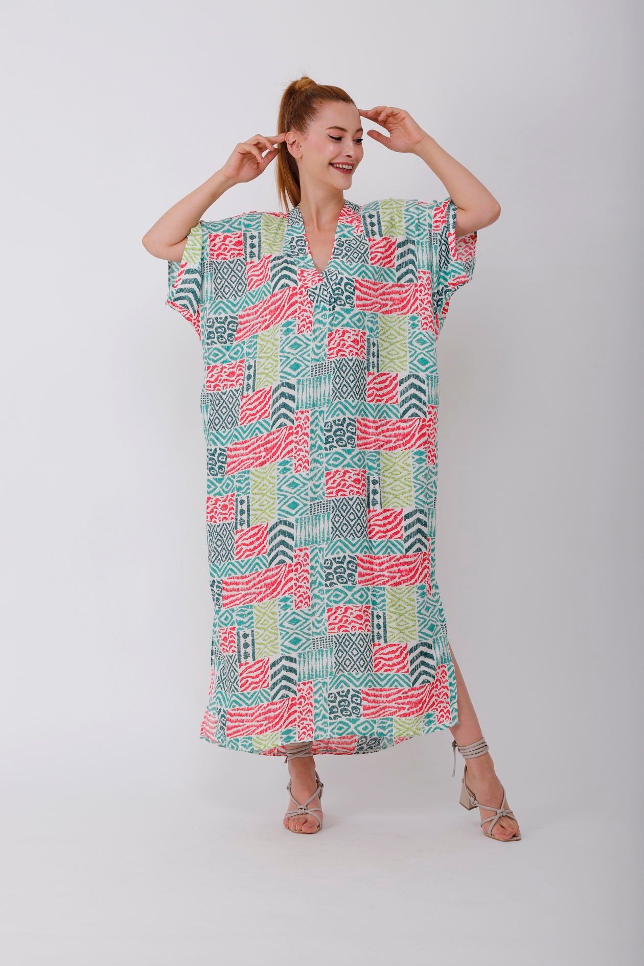 AN19005 PATCHWORK CRAFT V YAKA ELBİSE