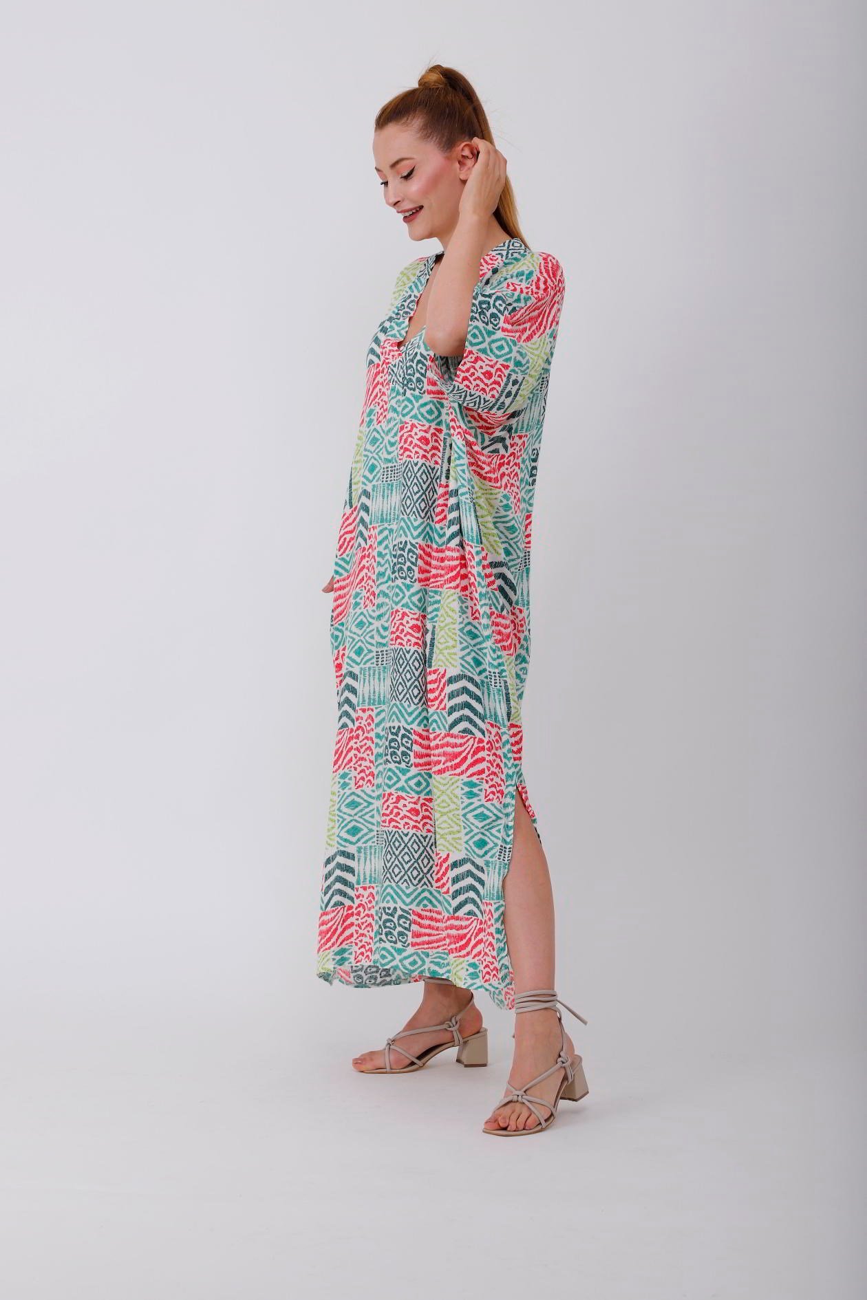 AN19005 PATCHWORK CRAFT V YAKA ELBİSE