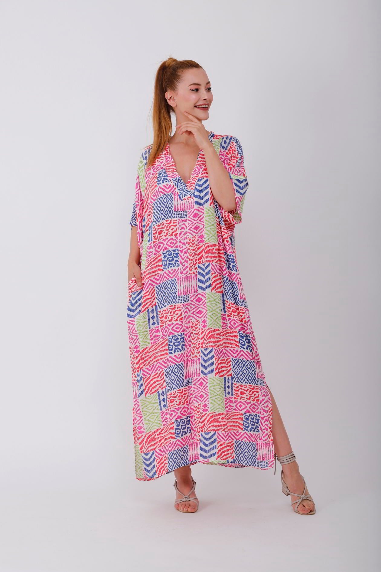 AN19005 PATCHWORK CRAFT V YAKA ELBİSE