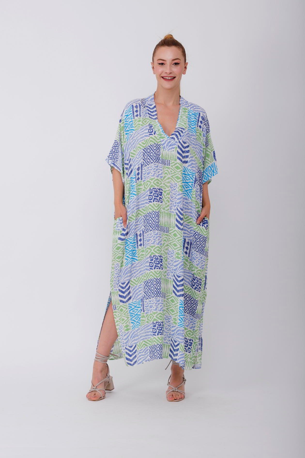 AN19005 PATCHWORK CRAFT V YAKA ELBİSE