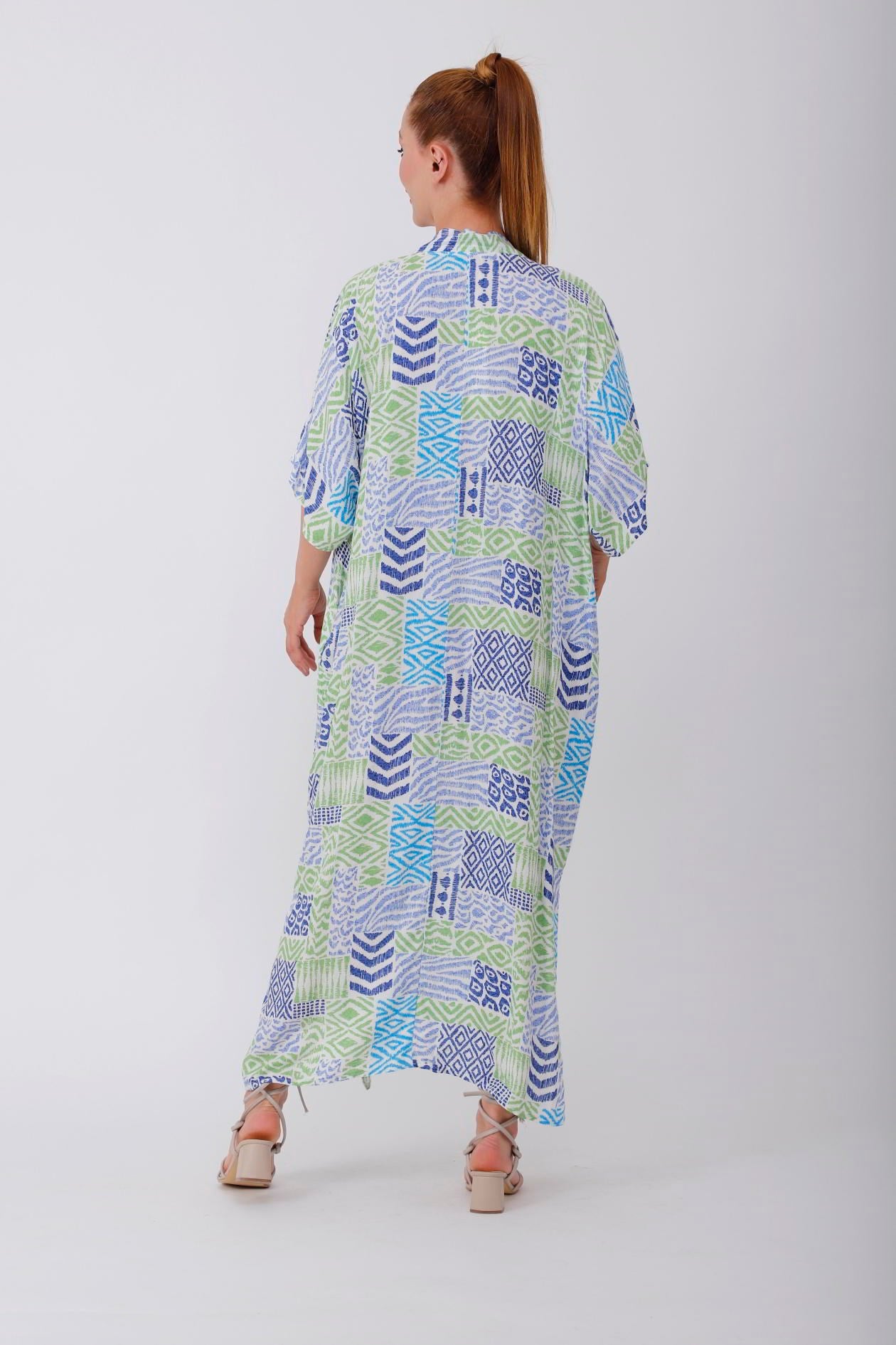 AN19005 PATCHWORK CRAFT V YAKA ELBİSE
