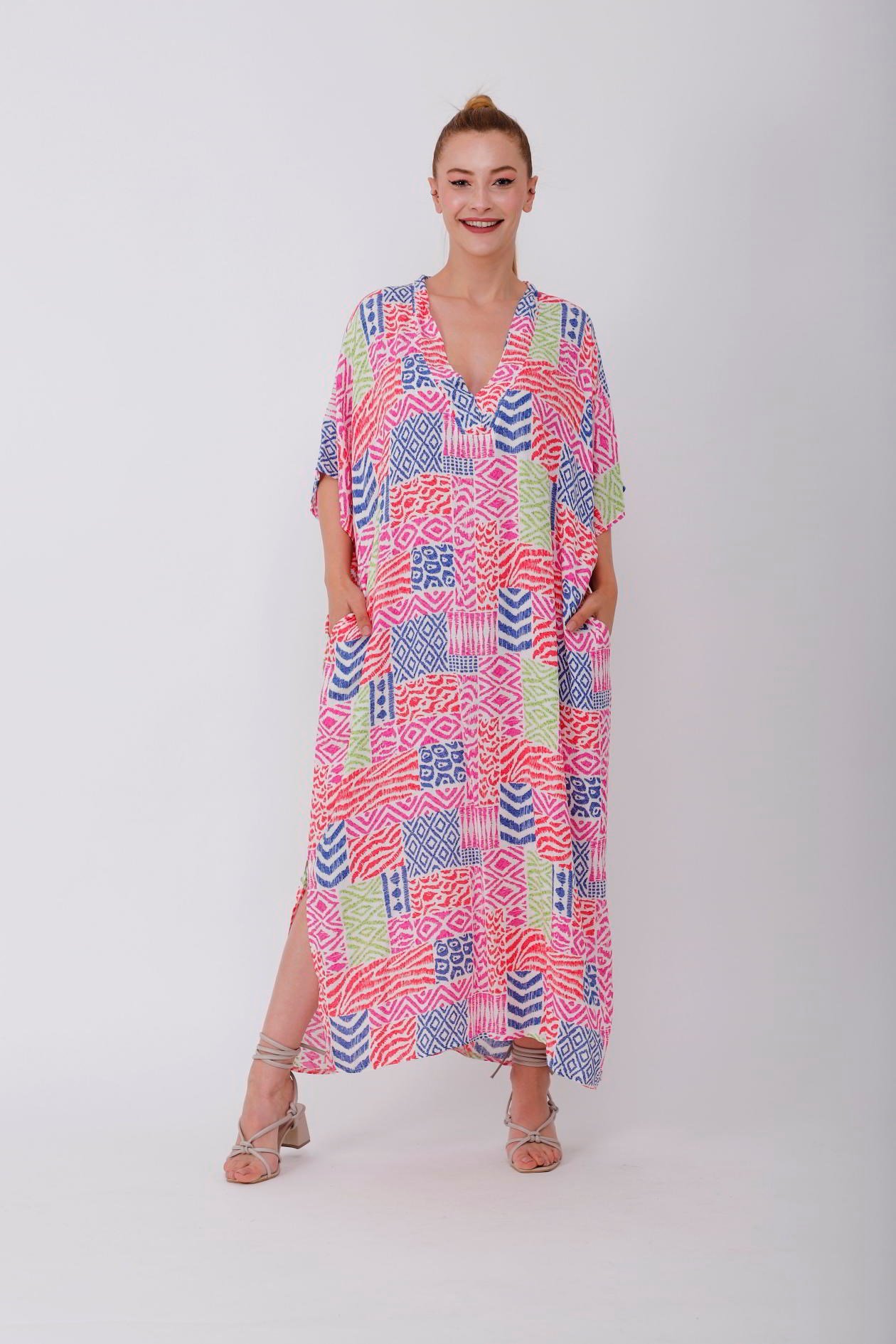 AN19005 PATCHWORK CRAFT V YAKA ELBİSE