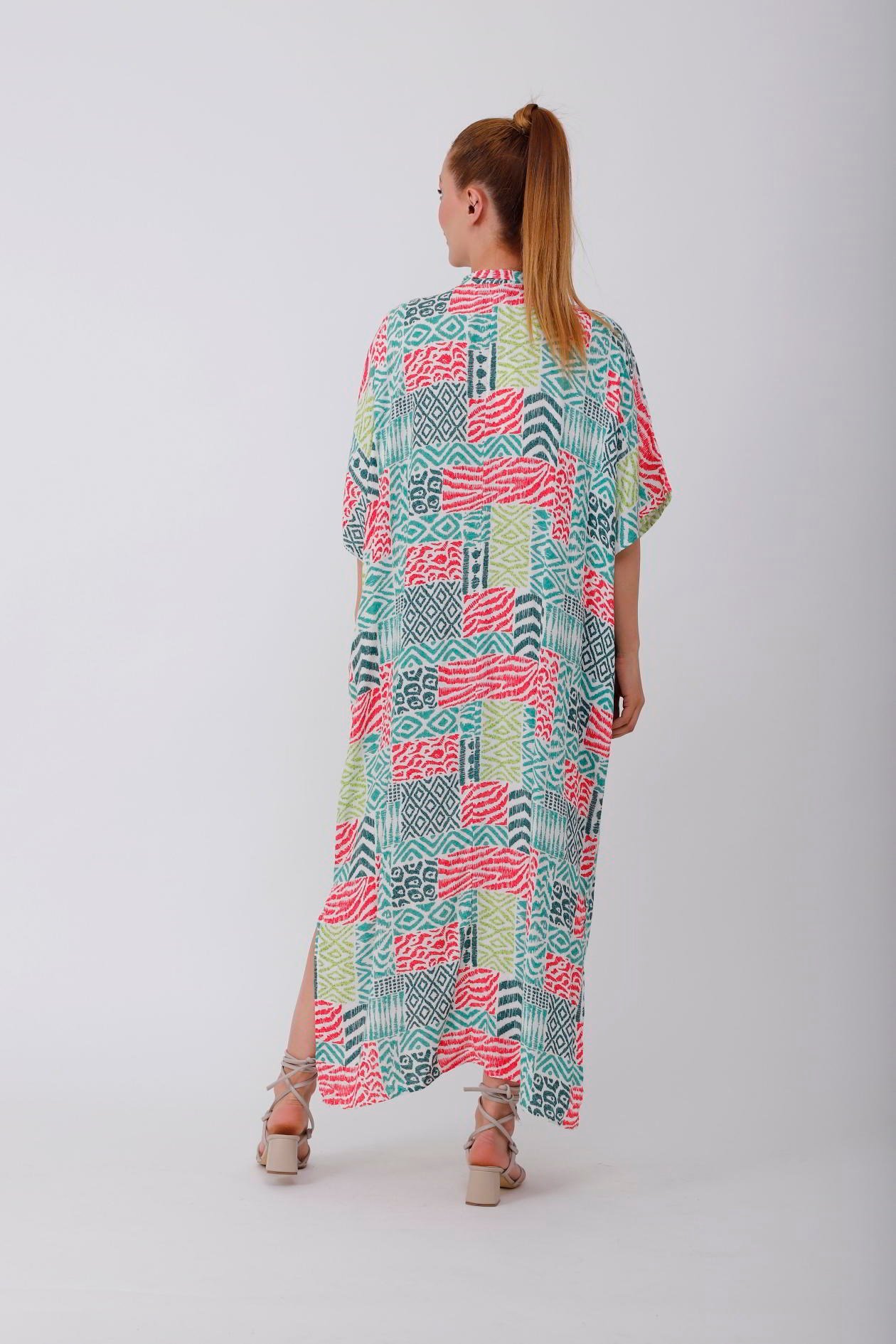 AN19005 PATCHWORK CRAFT V YAKA ELBİSE