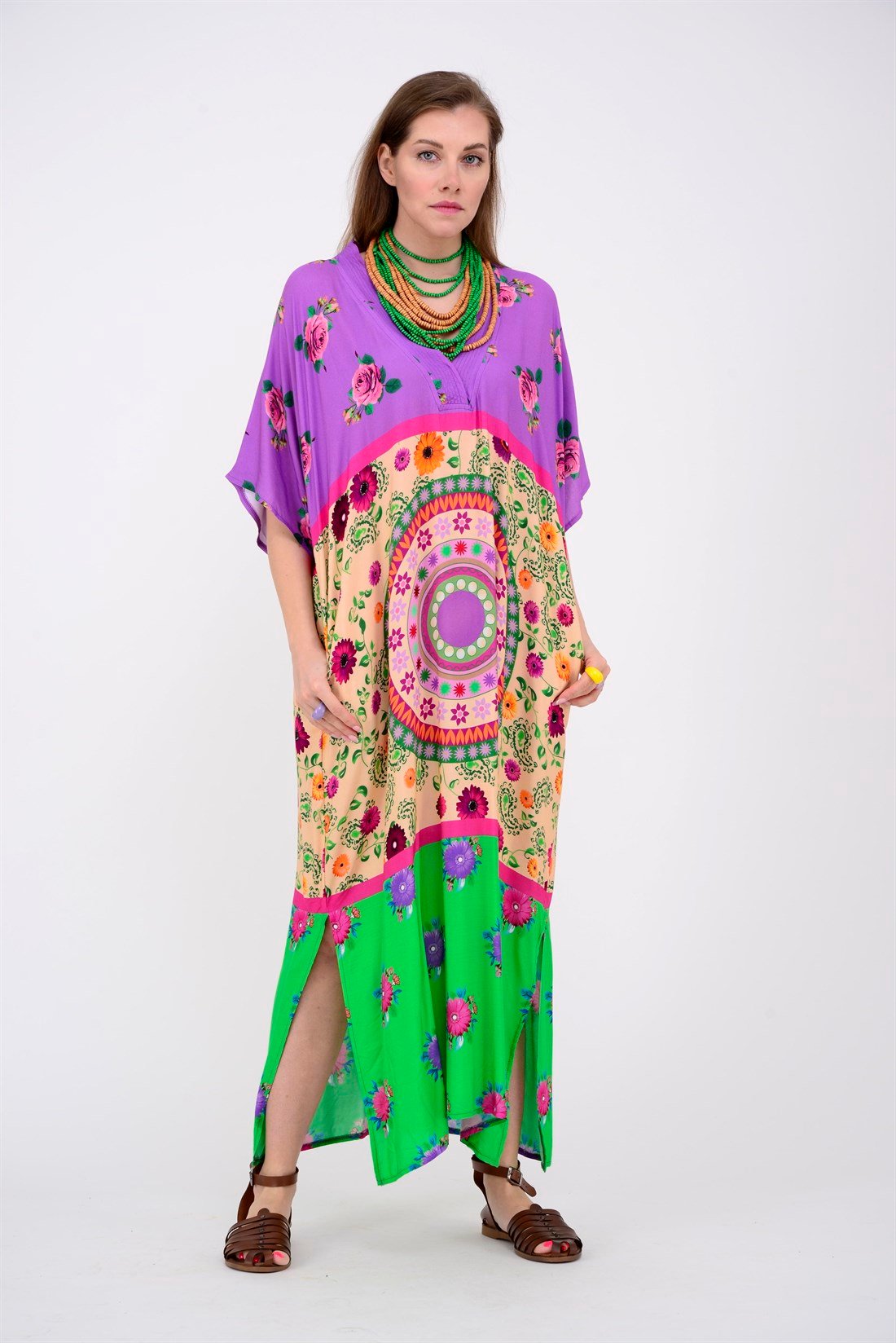 AN19005 ROSE CRAFT V YAKA BOHO ELBİSE