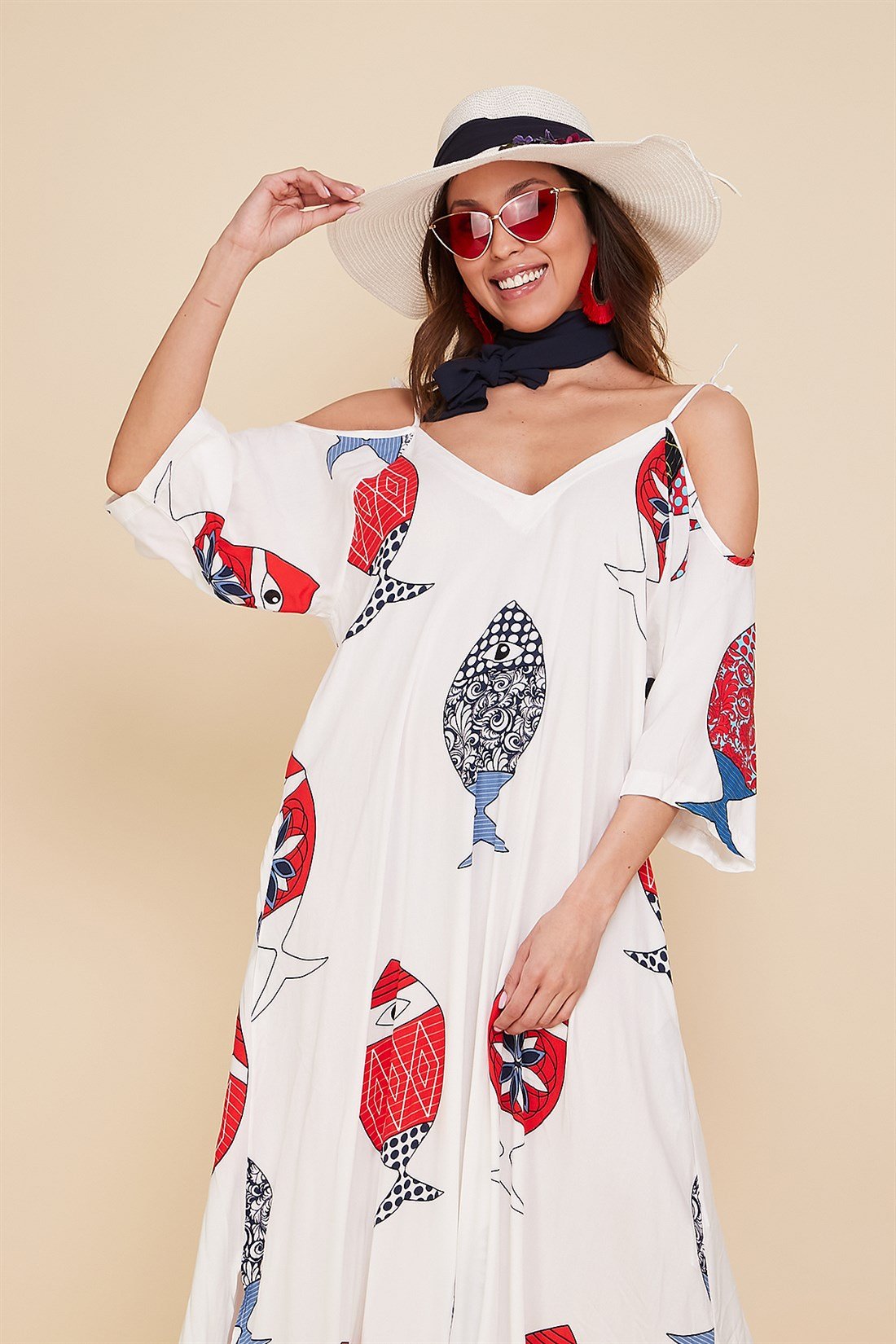 AN190080 BALIK DESEN OMUZDAN BAĞLI ELBİSE