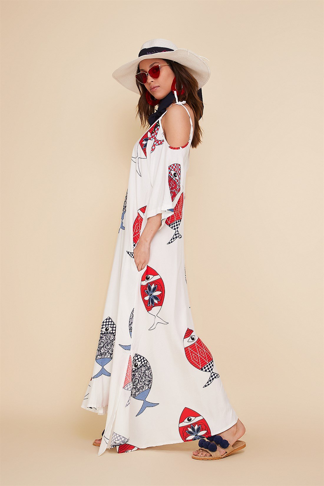 AN190080 BALIK DESEN OMUZDAN BAĞLI ELBİSE