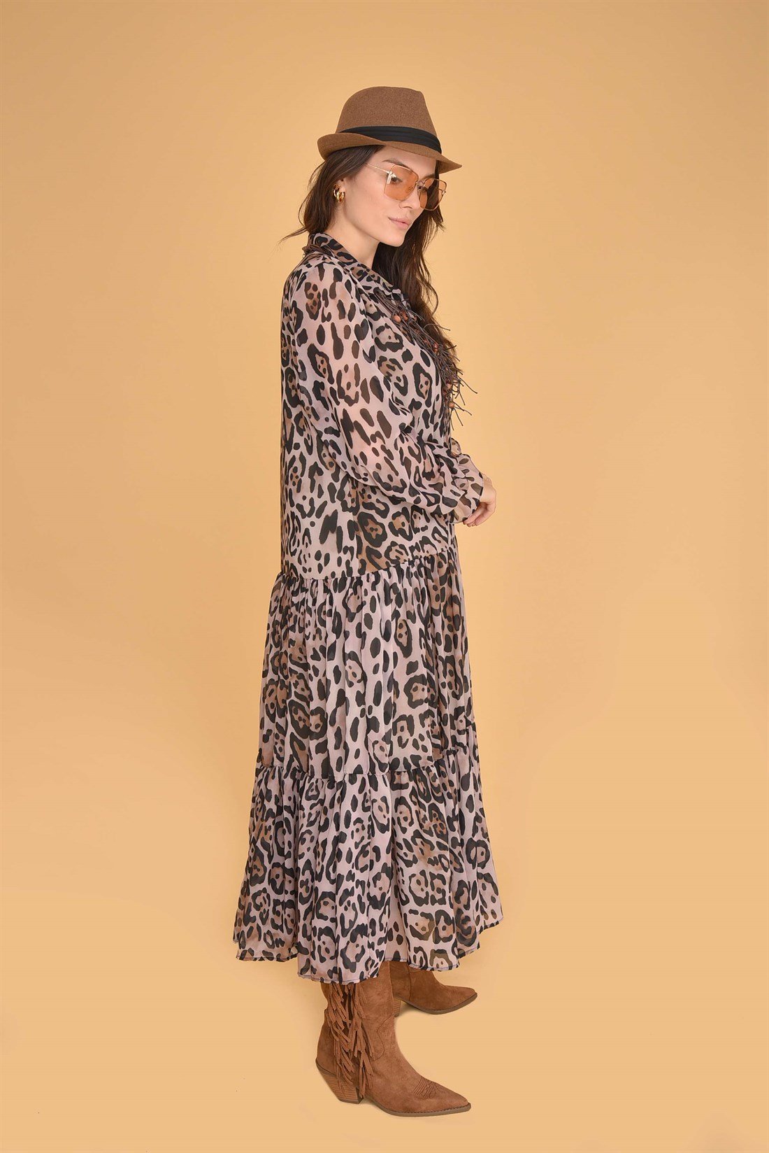 AN2100 LEOPAR DESEN ŞİFON ELBİSE