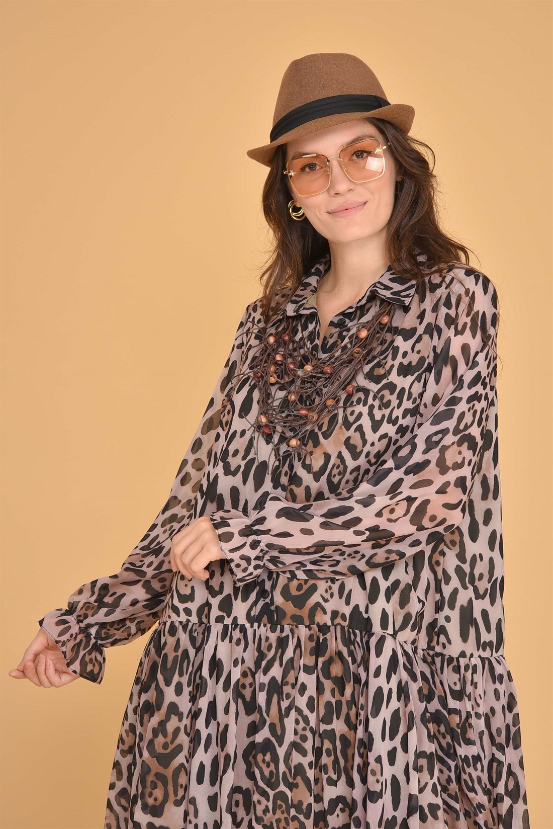 AN2100 LEOPAR DESEN ŞİFON ELBİSE