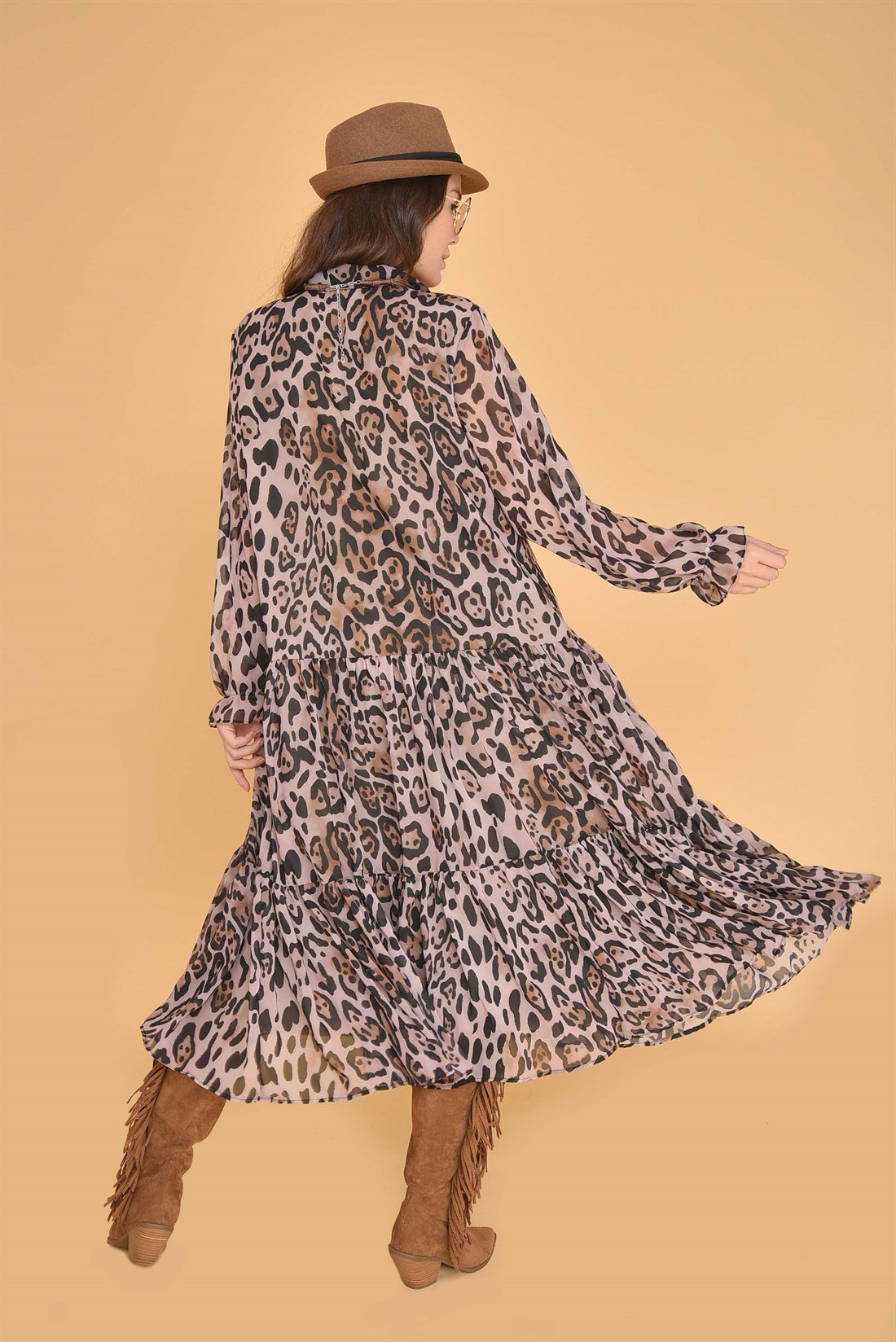 AN2100 LEOPAR DESEN ŞİFON ELBİSE