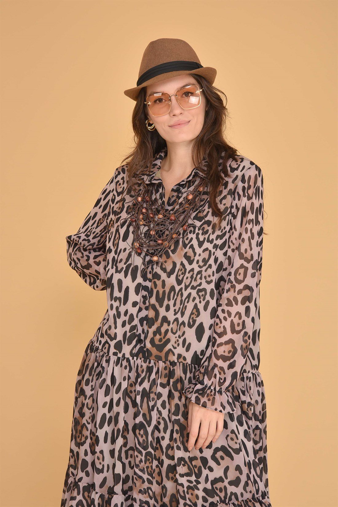 AN2100 LEOPAR DESEN ŞİFON ELBİSE