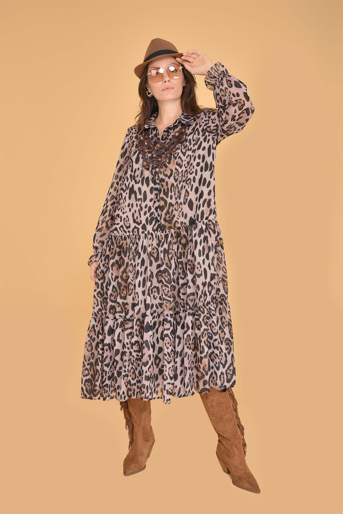 AN2100 LEOPAR DESEN ŞİFON ELBİSE
