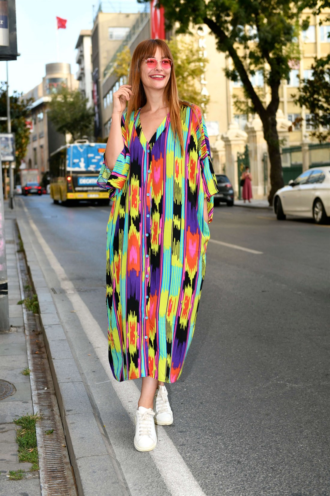 AN5014 RAINBOW DESEN V YAKA GÖMLEK ELBİSE