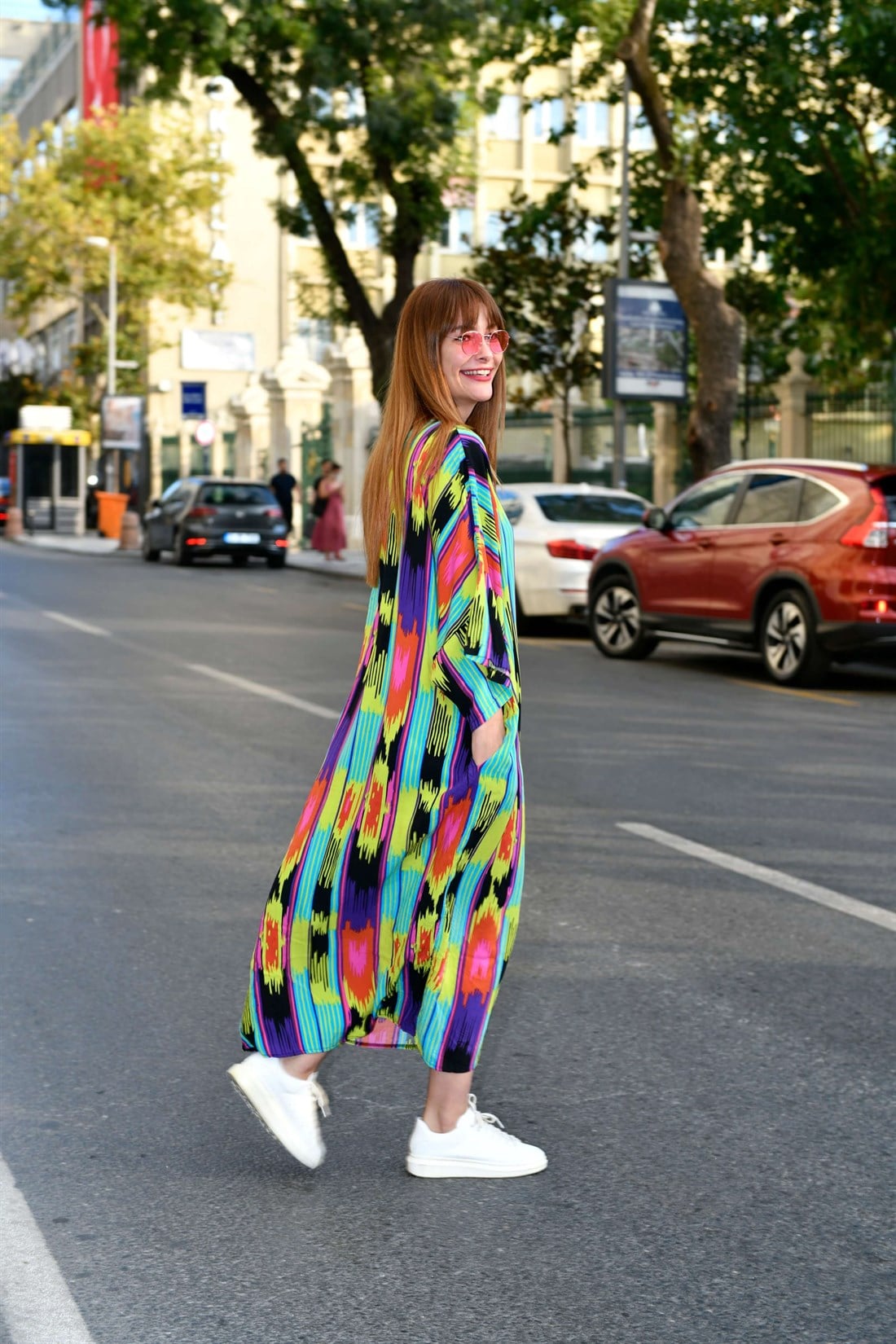 AN5014 RAINBOW DESEN V YAKA GÖMLEK ELBİSE