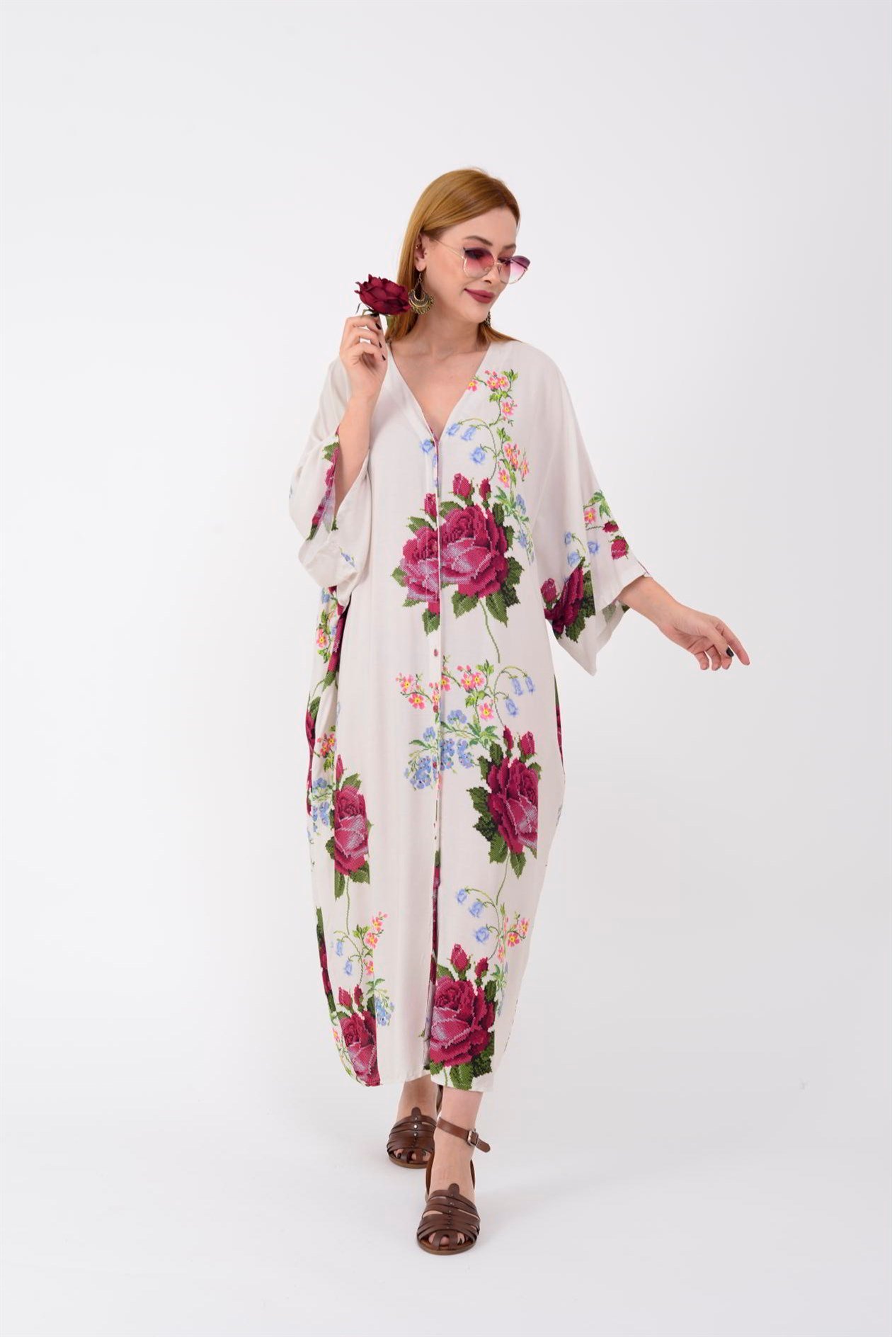 AN5014 ROSE KANAVİÇE V YAKA ELBİSE
