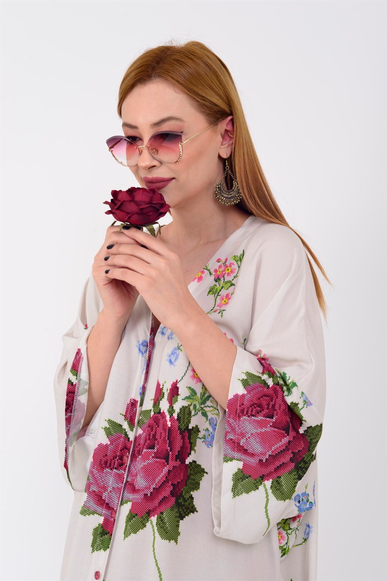 AN5014 ROSE KANAVİÇE V YAKA ELBİSE
