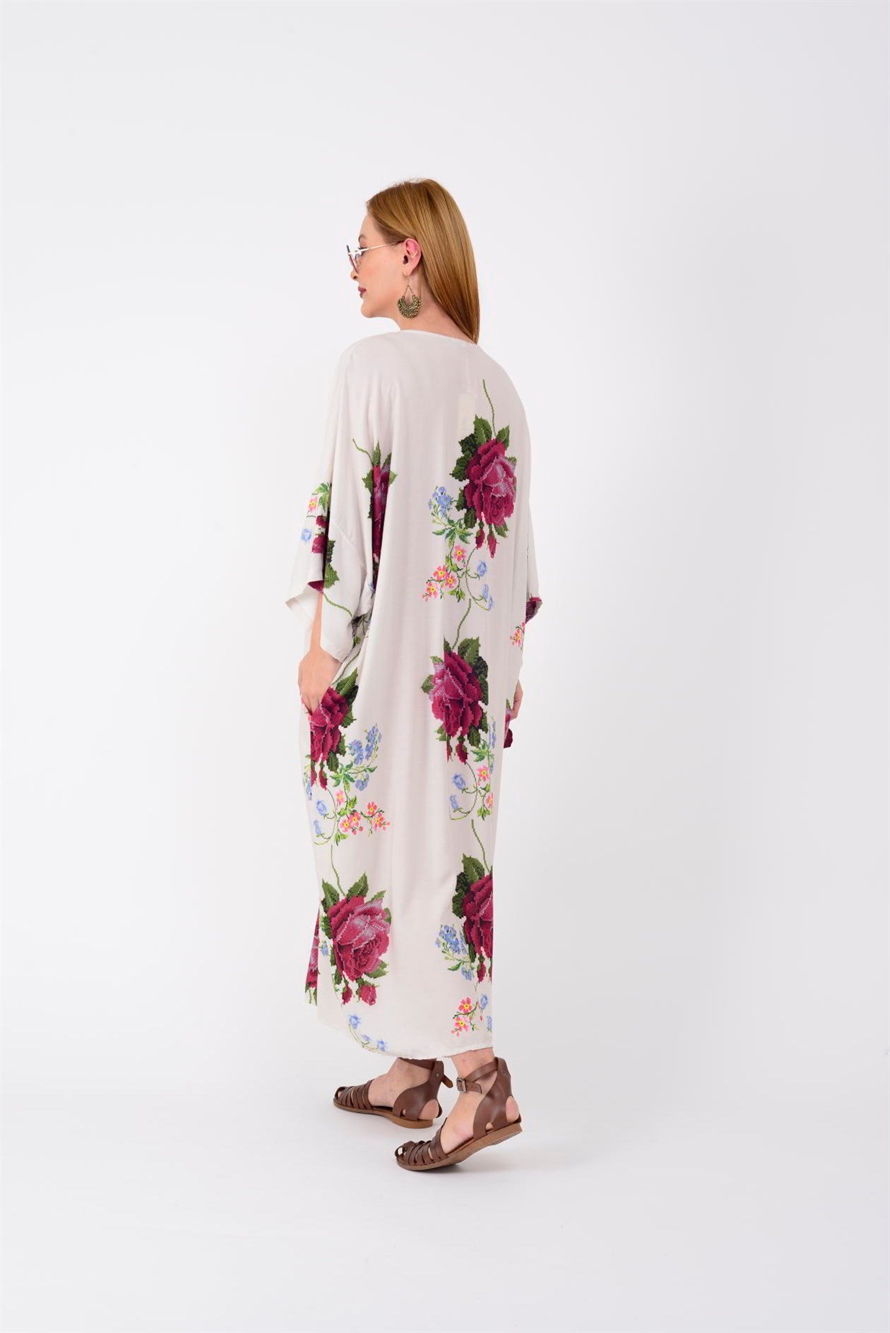AN5014 ROSE KANAVİÇE V YAKA ELBİSE