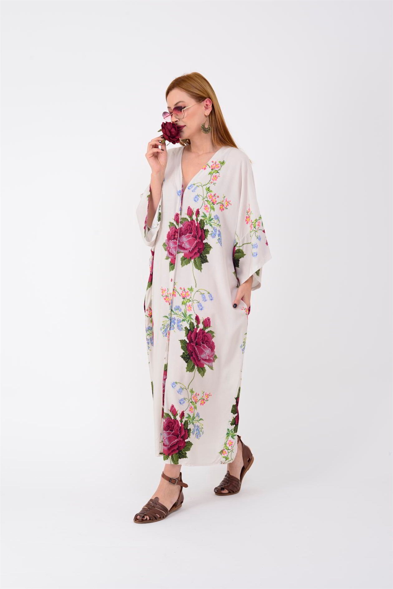 AN5014 ROSE KANAVİÇE V YAKA ELBİSE
