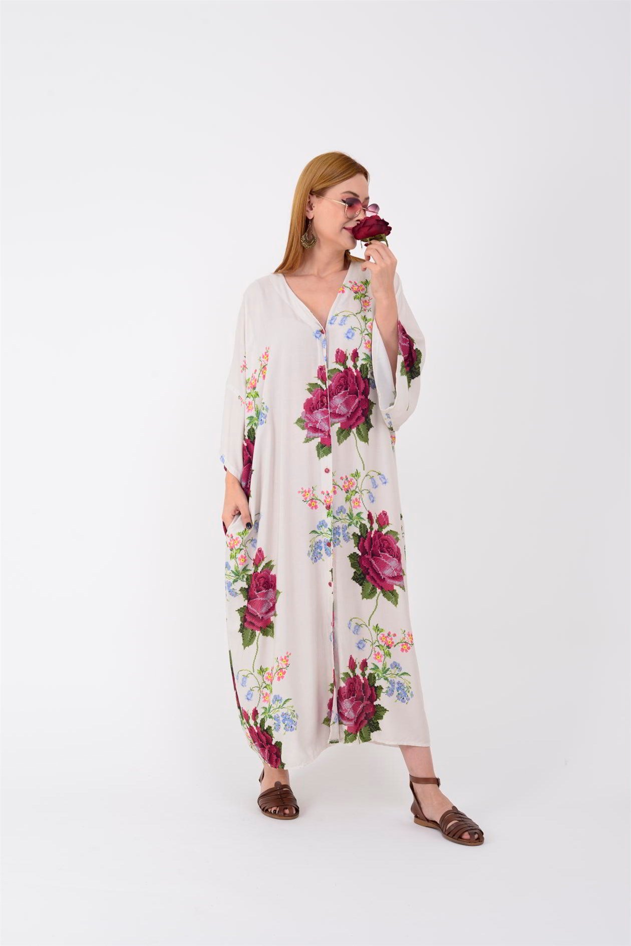 AN5014 ROSE KANAVİÇE V YAKA ELBİSE