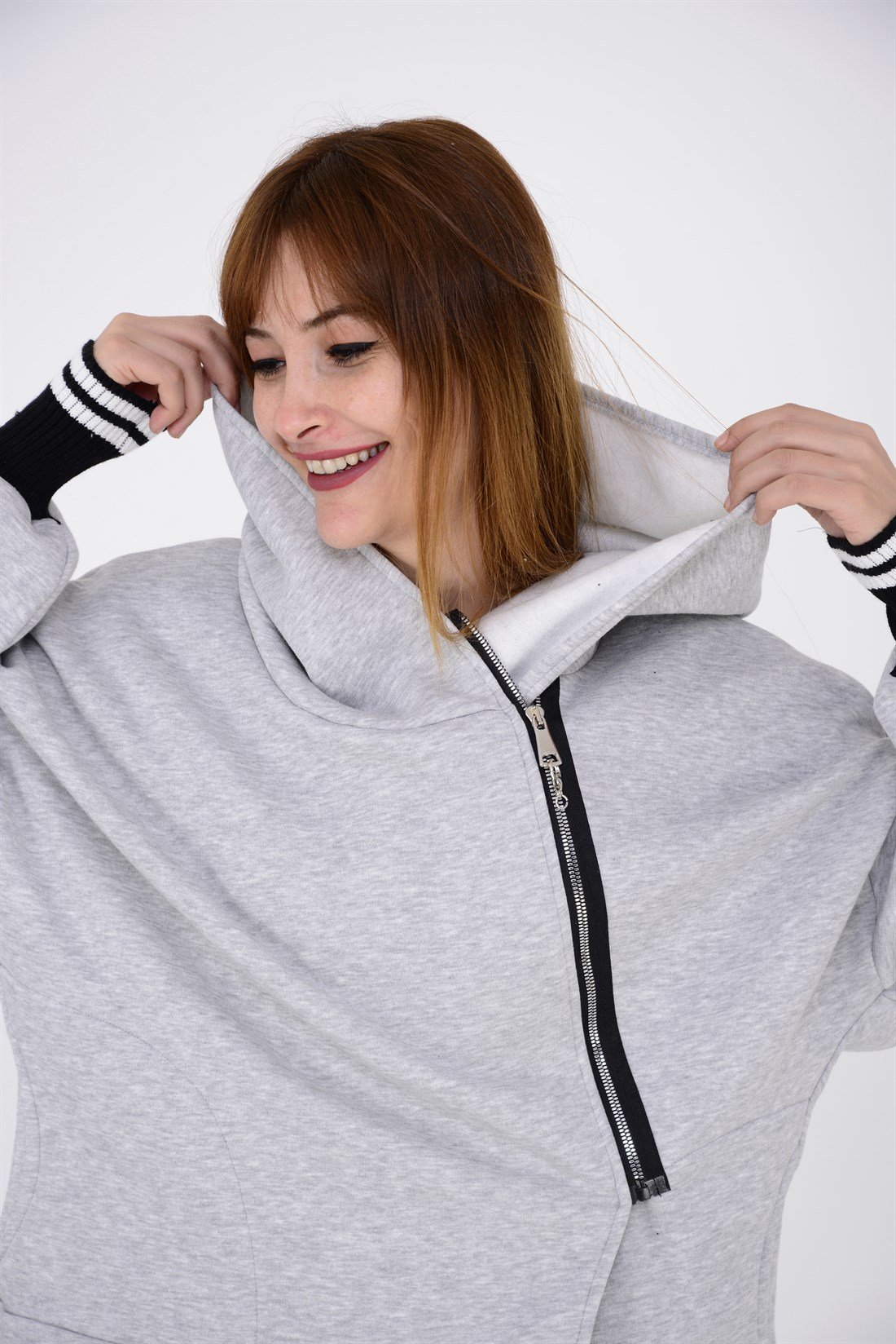 AN9018 YANDAN FERMUAR DETAY KAPÜŞONLU SWEAT HIRKA