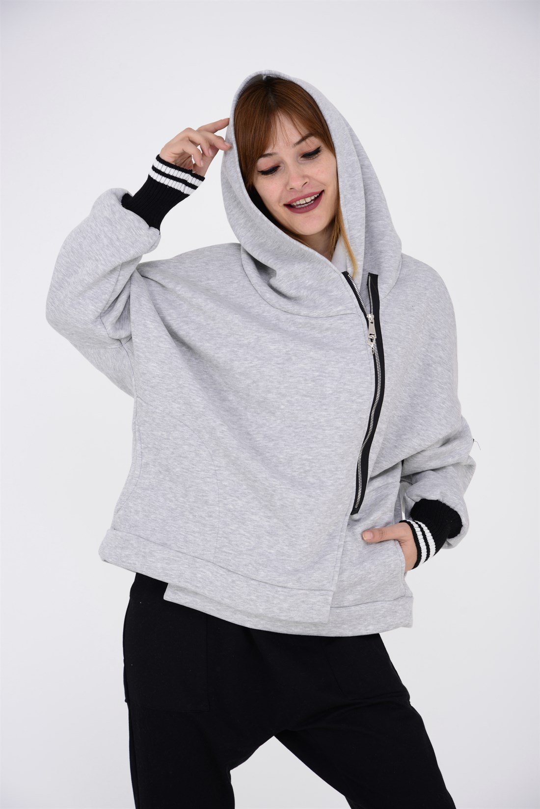 AN9018 YANDAN FERMUAR DETAY KAPÜŞONLU SWEAT HIRKA