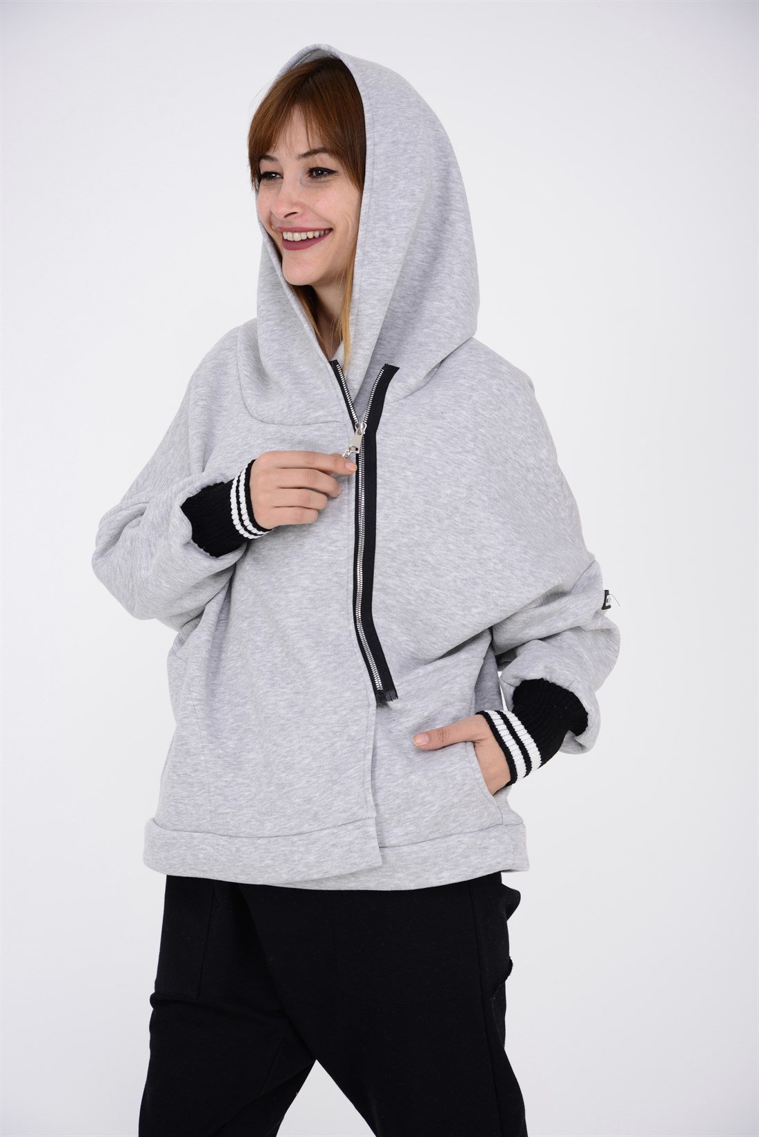 AN9018 YANDAN FERMUAR DETAY KAPÜŞONLU SWEAT HIRKA