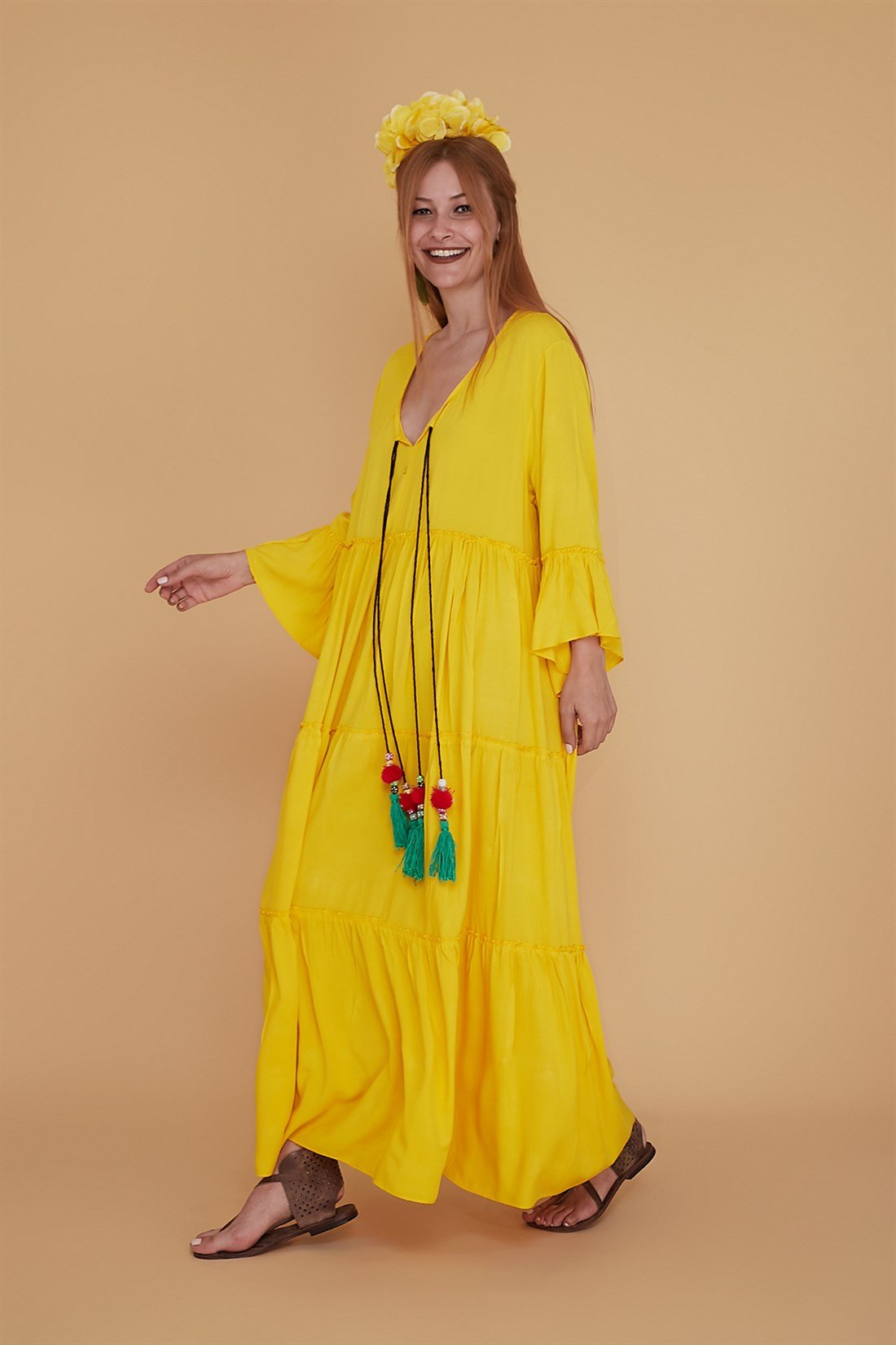 ANR0102  DÜZ DESEN BÜYÜK BEDEN PÜSKÜLLÜ BOHO ELBİSE