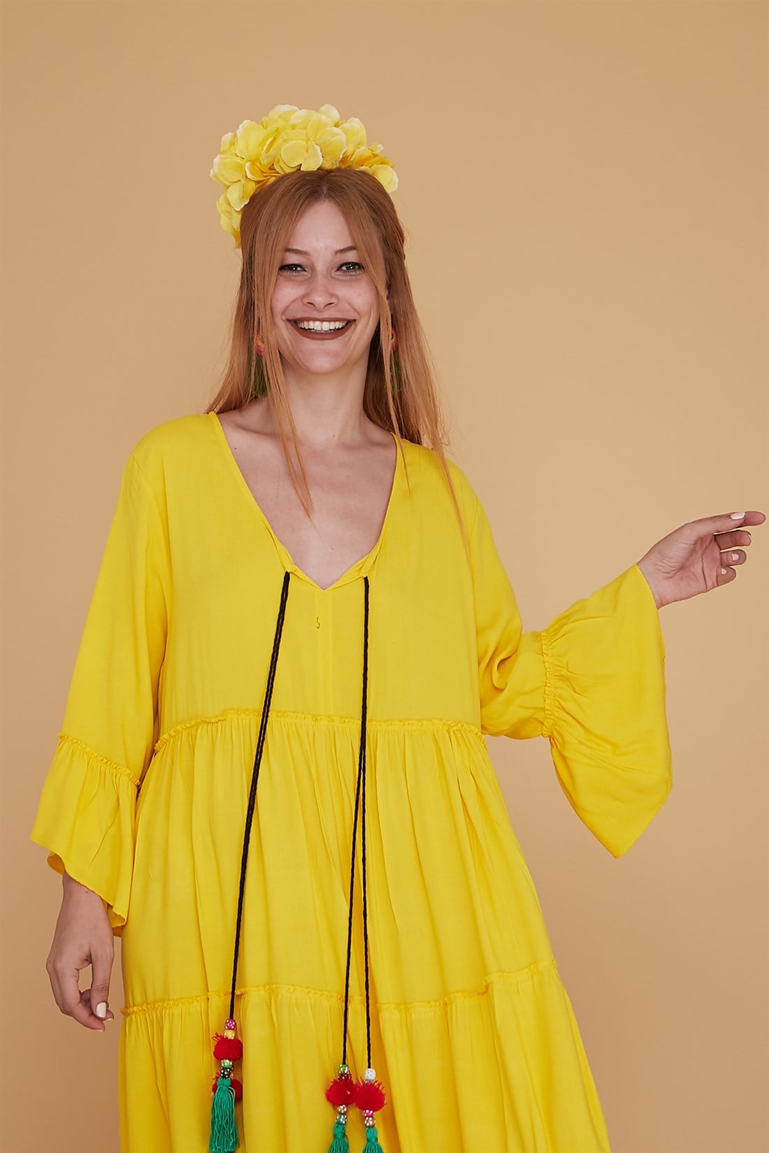 ANR0102  DÜZ DESEN BÜYÜK BEDEN PÜSKÜLLÜ BOHO ELBİSE