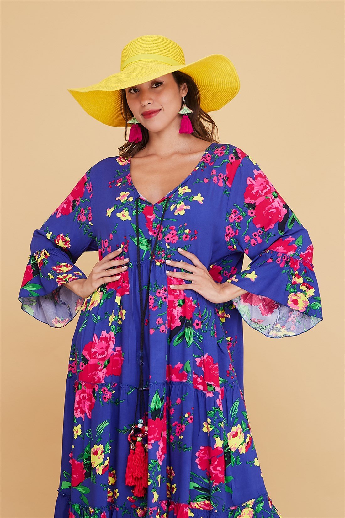 ANR0102 BÜYÜK BEDEN PÜSKÜLLÜ BOHO ELBİSE