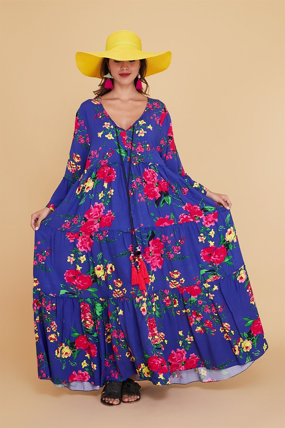 ANR0102 BÜYÜK BEDEN PÜSKÜLLÜ BOHO ELBİSE