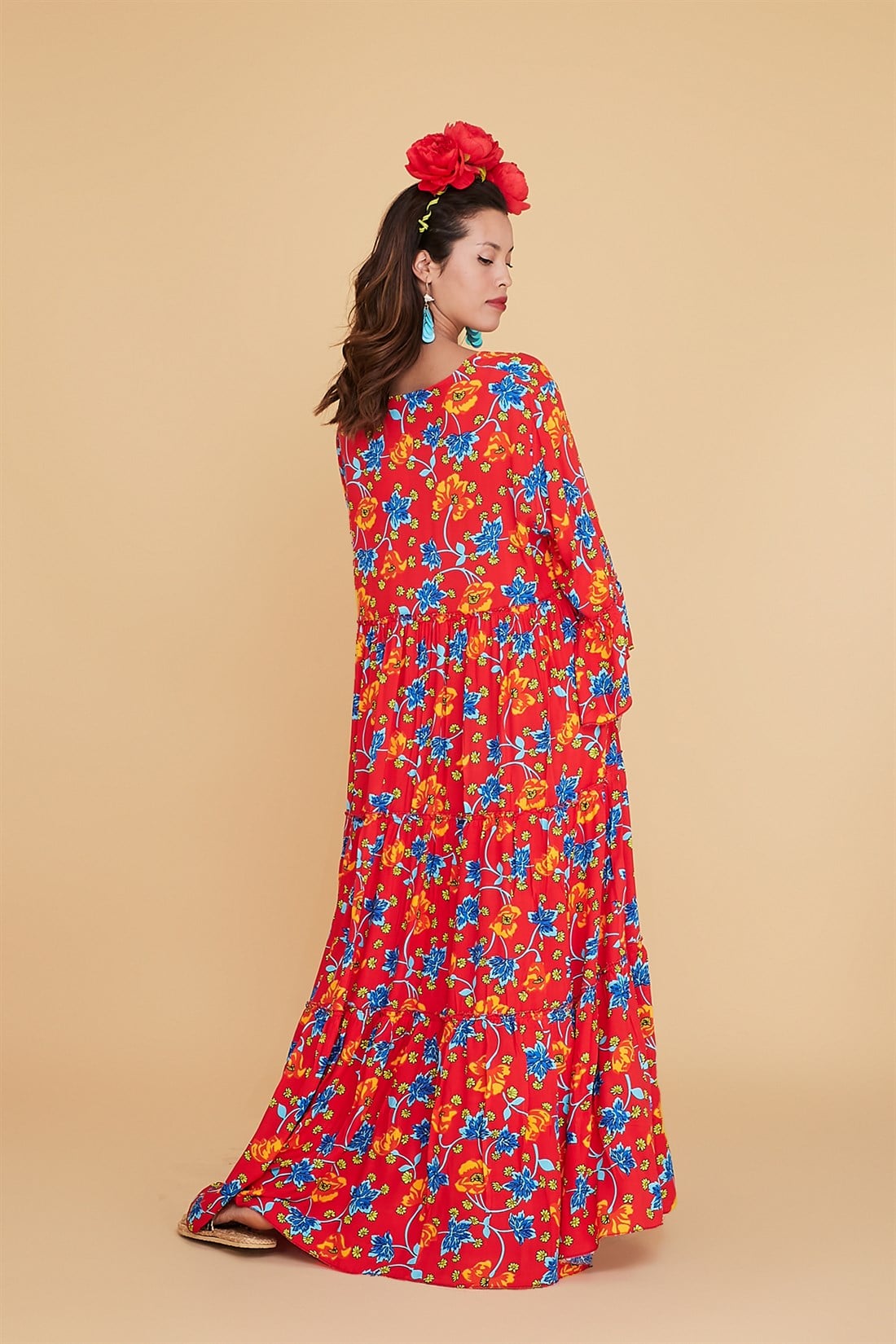 ANR0102 MENEKŞE DESEN PÜSKÜLLÜ BOHO ELBİSE