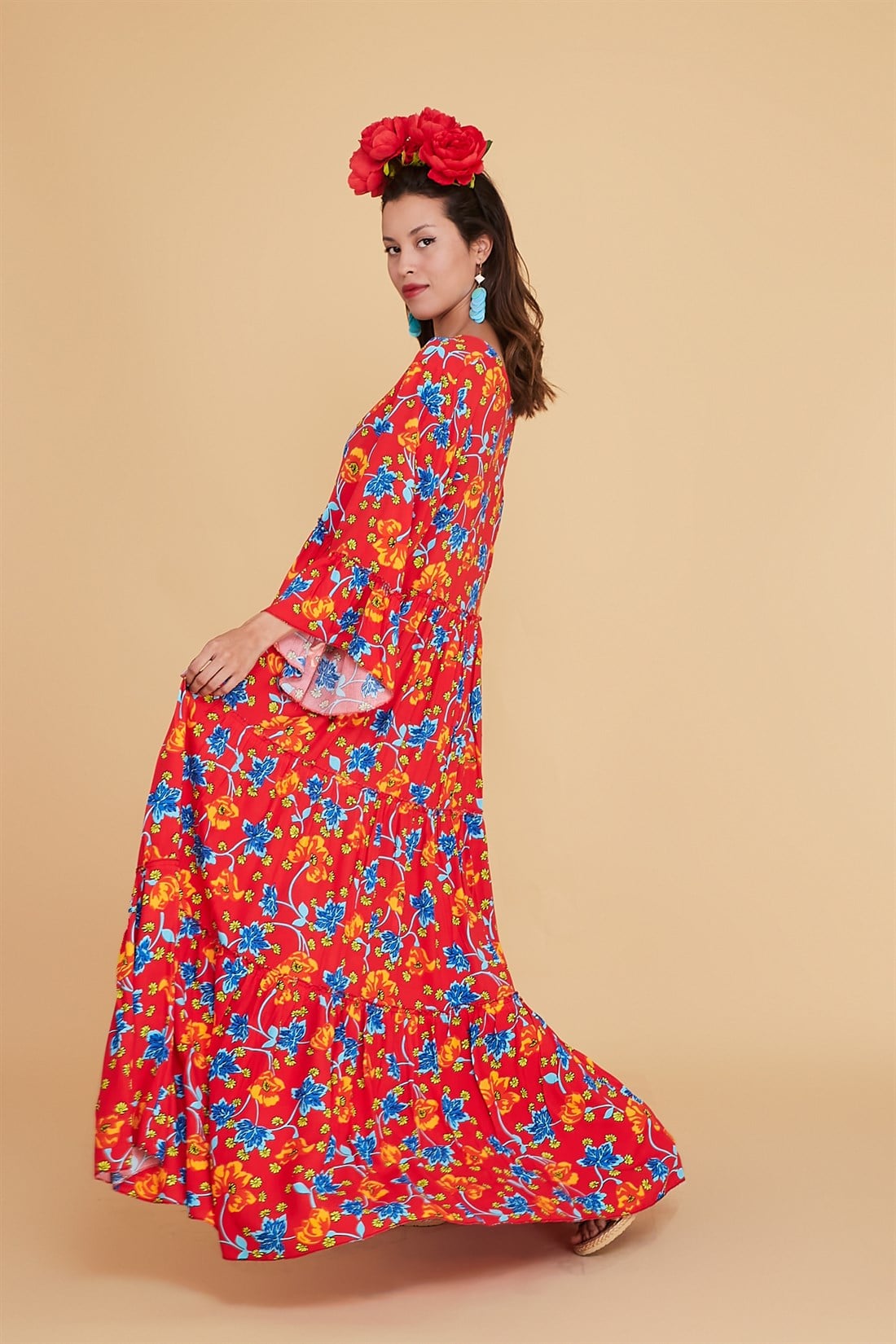 ANR0102 MENEKŞE DESEN PÜSKÜLLÜ BOHO ELBİSE