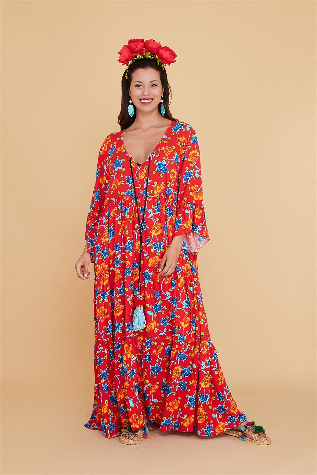 ANR0102 MENEKŞE DESEN PÜSKÜLLÜ BOHO ELBİSE