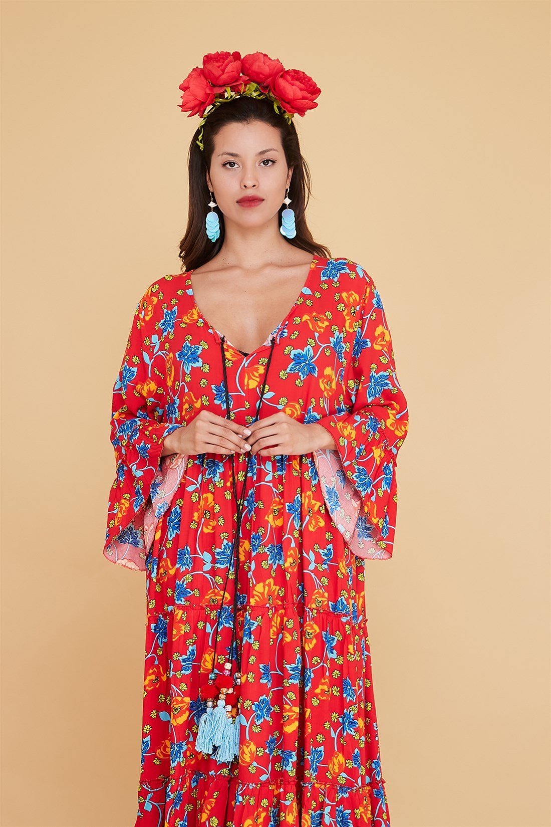 ANR0102 MENEKŞE DESEN PÜSKÜLLÜ BOHO ELBİSE