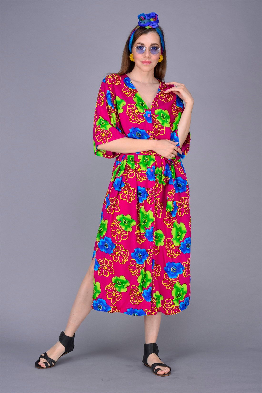 ANR1001 SÜMBÜL DESEN BOHO GÖMLEK ELBİSE