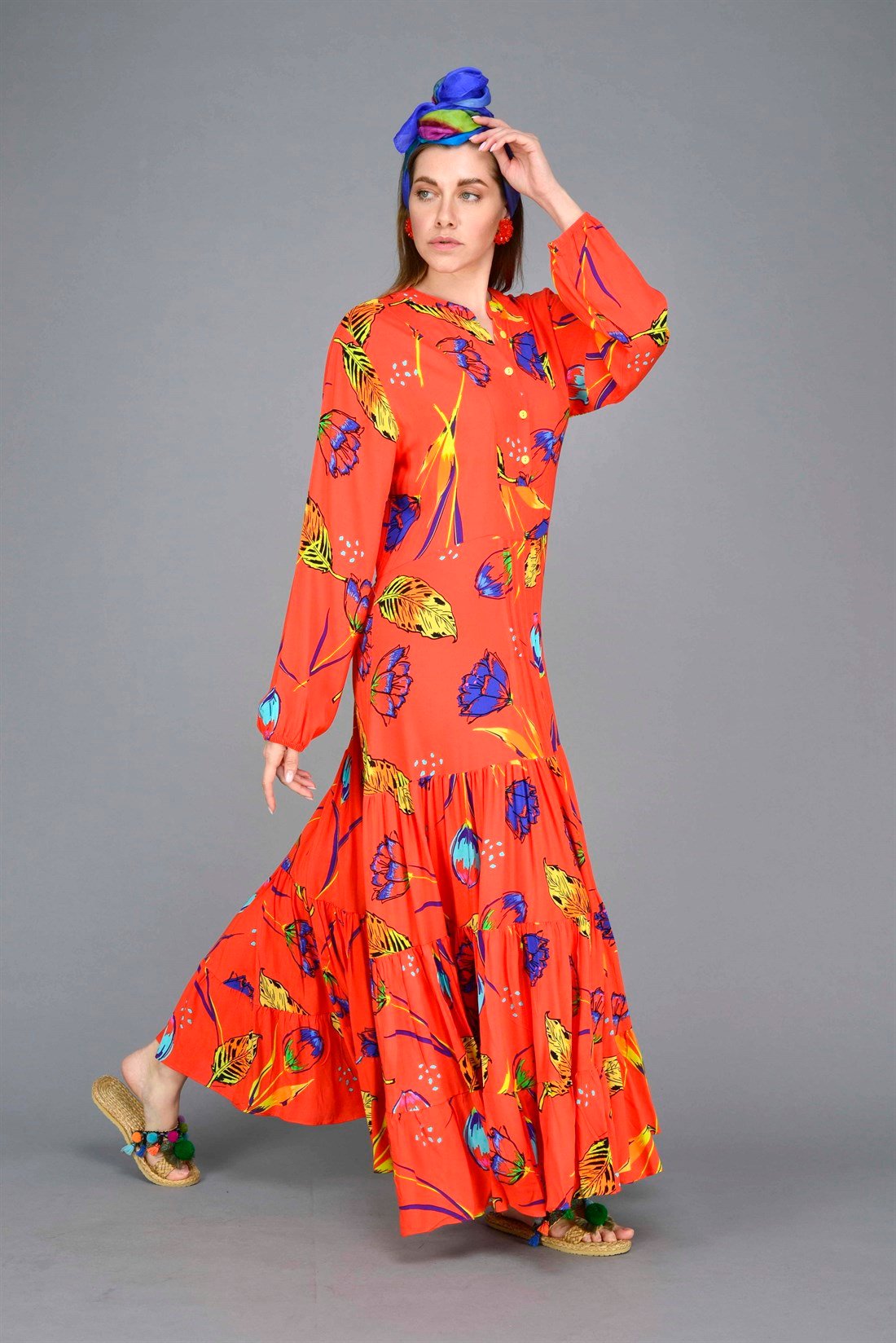 ANR10185 LALE PİLİSELİ BOHO ELBİSE