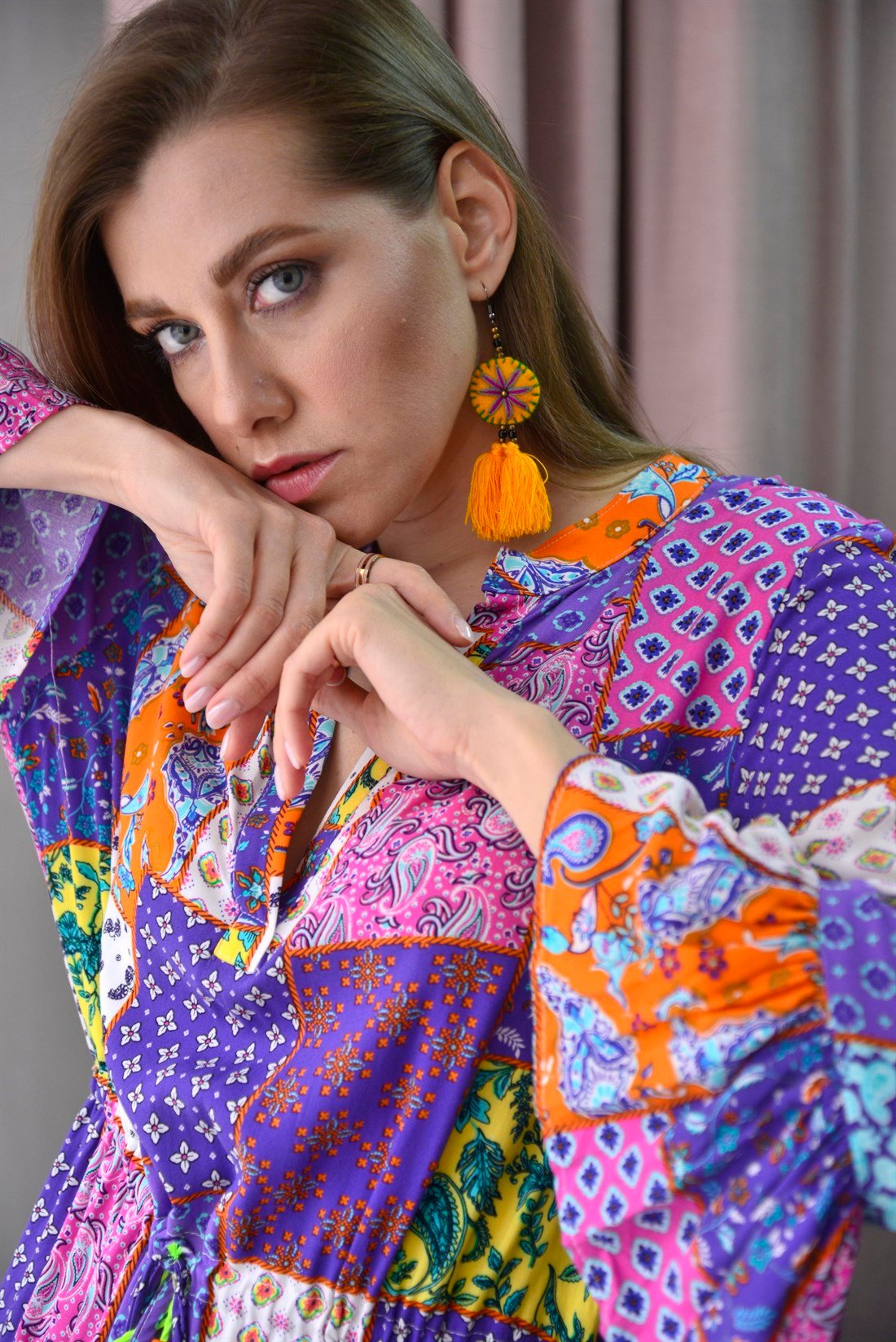ANR10234 ASİMETRİK KESİM PATCHWORK BOHO ELBİSE