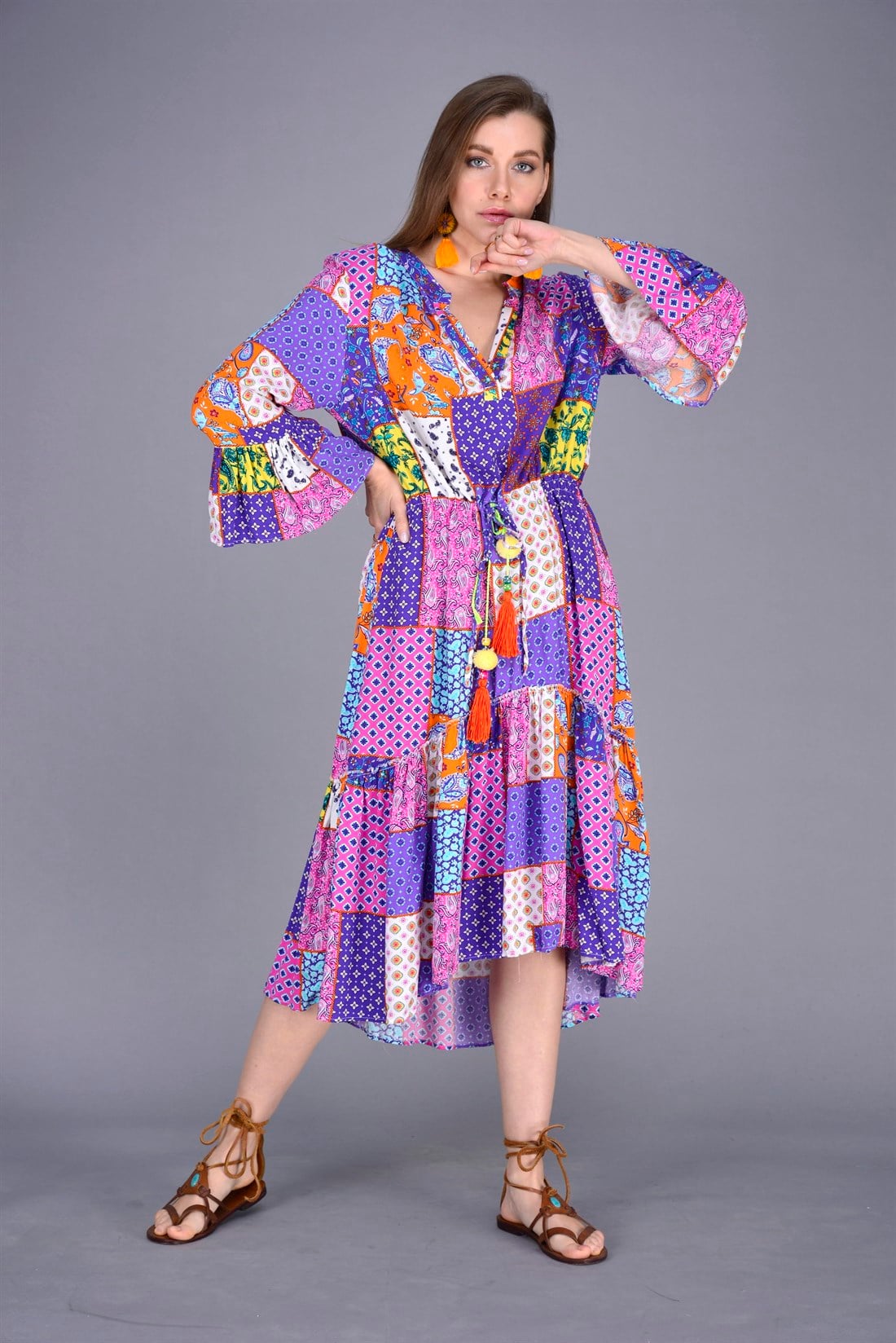 ANR10234 ASİMETRİK KESİM PATCHWORK BOHO ELBİSE