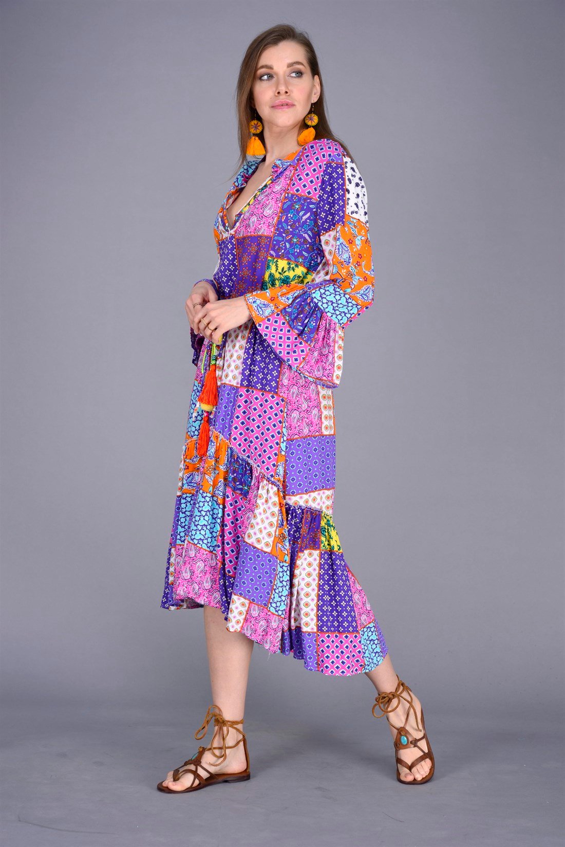 ANR10234 ASİMETRİK KESİM PATCHWORK BOHO ELBİSE